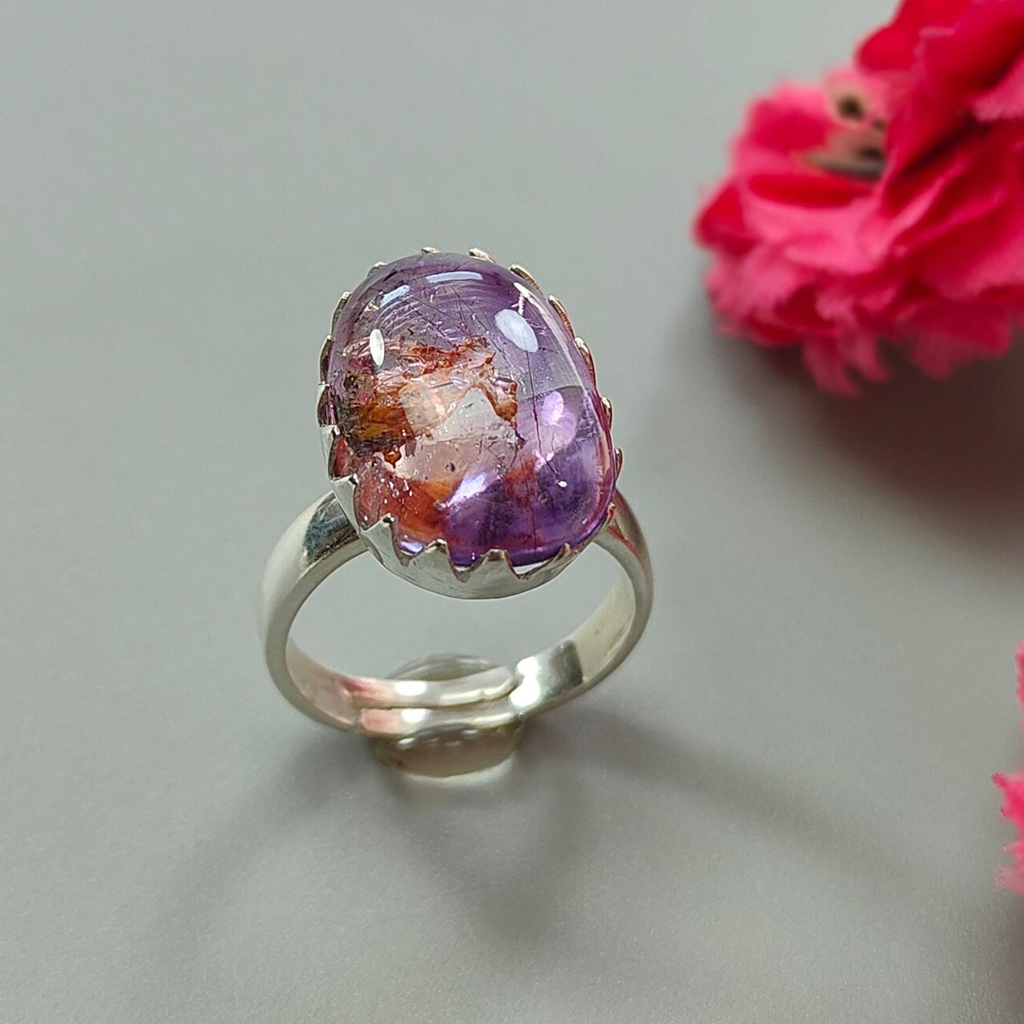Amethyst Plain Silver Ring: 6.00gms Natural Untreated Super Seven Amethyst Fancy Shape Plain 925 Sterling Silver Bezel Set Adjustable Ring