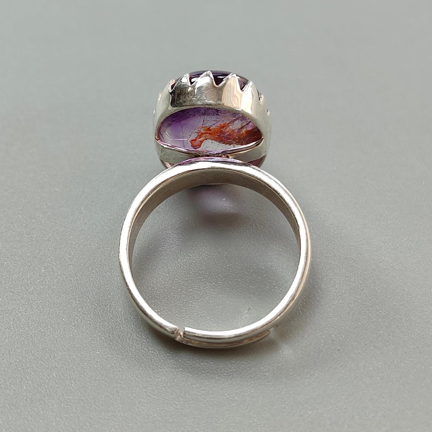 Amethyst Plain Silver Ring: 6.00gms Natural Untreated Super Seven Amethyst Fancy Shape Plain 925 Sterling Silver Bezel Set Adjustable Ring