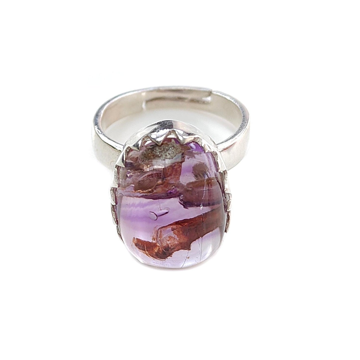 Amethyst Plain Silver Ring: 6.40gms Natural Untreated Super Seven Amethyst Fancy Shape Plain 925 Sterling Silver Bezel Set Adjustable Ring