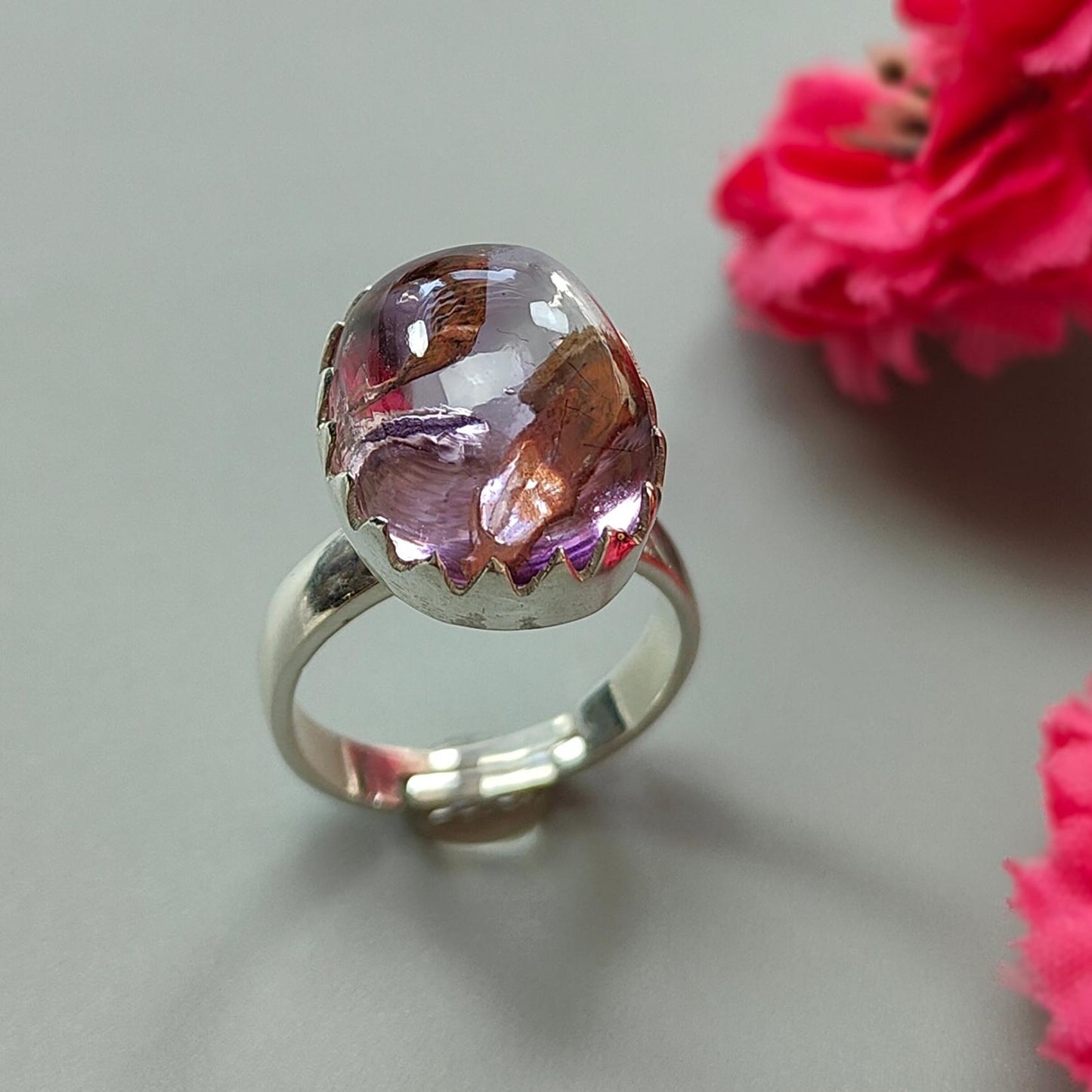 Amethyst Plain Silver Ring: 6.40gms Natural Untreated Super Seven Amethyst Fancy Shape Plain 925 Sterling Silver Bezel Set Adjustable Ring