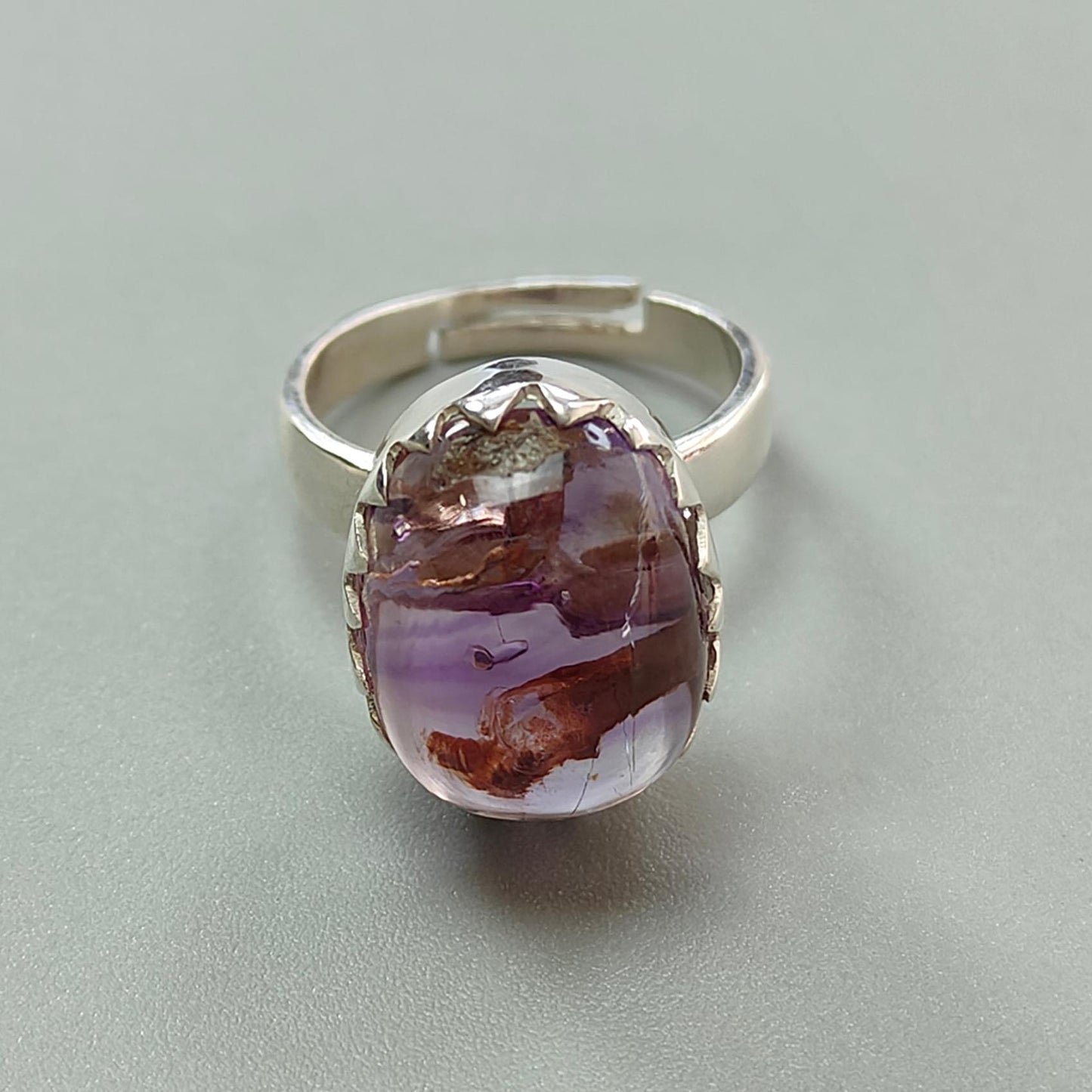Amethyst Plain Silver Ring: 6.40gms Natural Untreated Super Seven Amethyst Fancy Shape Plain 925 Sterling Silver Bezel Set Adjustable Ring