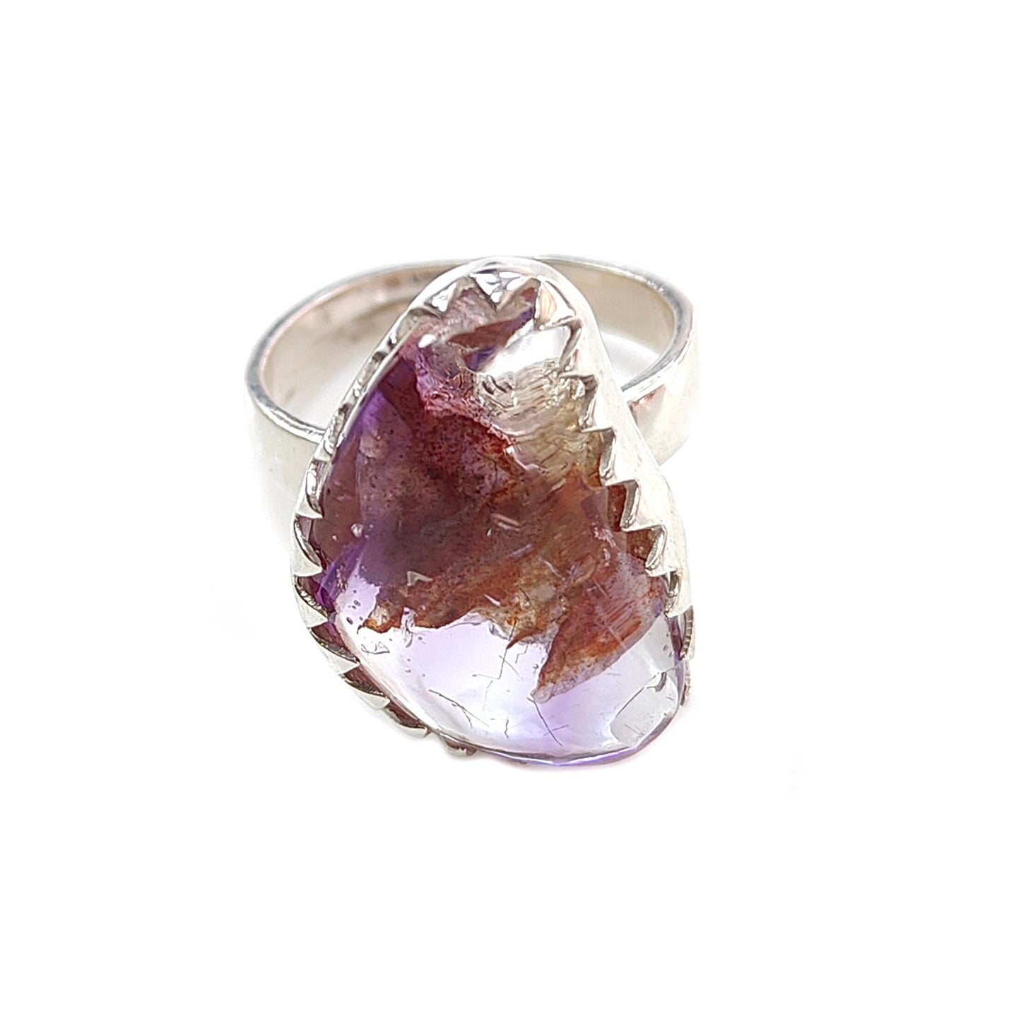 Amethyst Plain Silver Ring: 6.46gms Natural Untreated Super Seven Amethyst Fancy Shape Plain 925 Sterling Silver Bezel Set Adjustable Ring