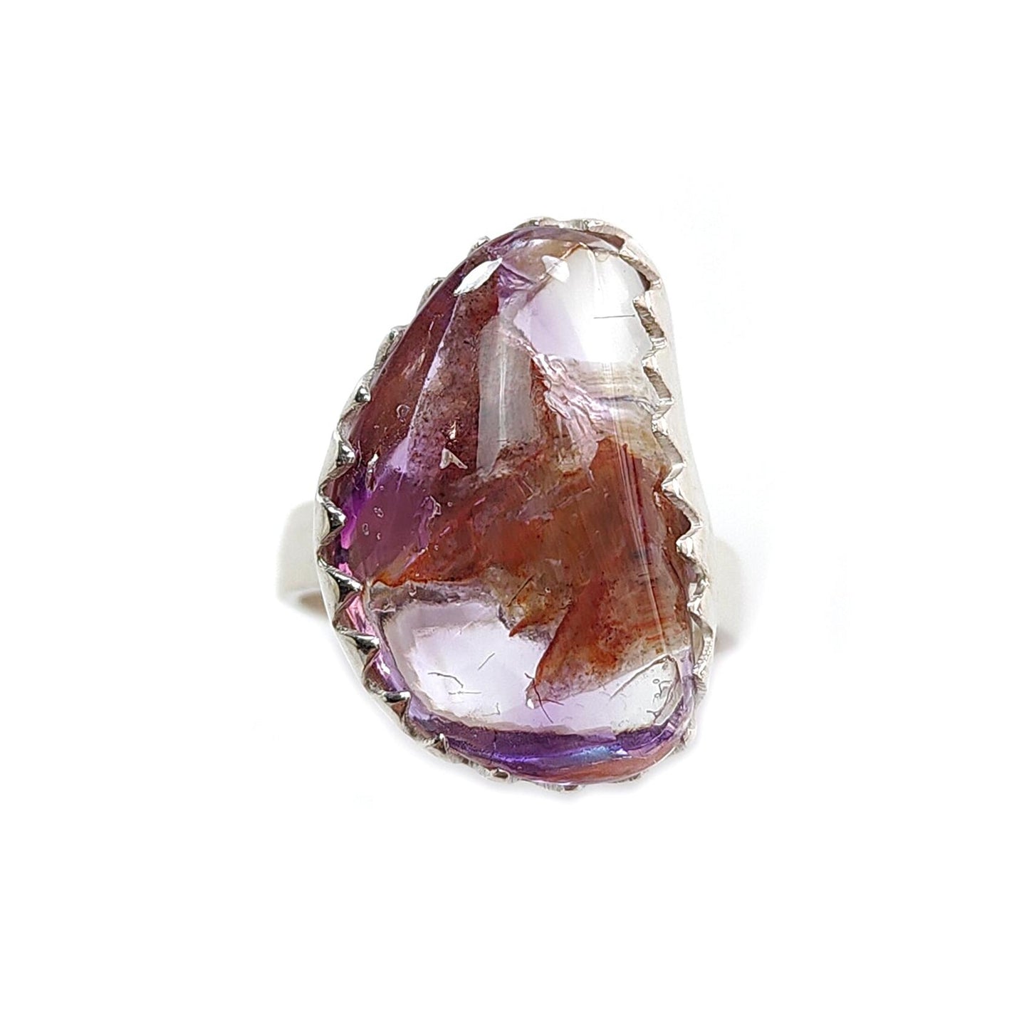 Amethyst Plain Silver Ring: 6.46gms Natural Untreated Super Seven Amethyst Fancy Shape Plain 925 Sterling Silver Bezel Set Adjustable Ring