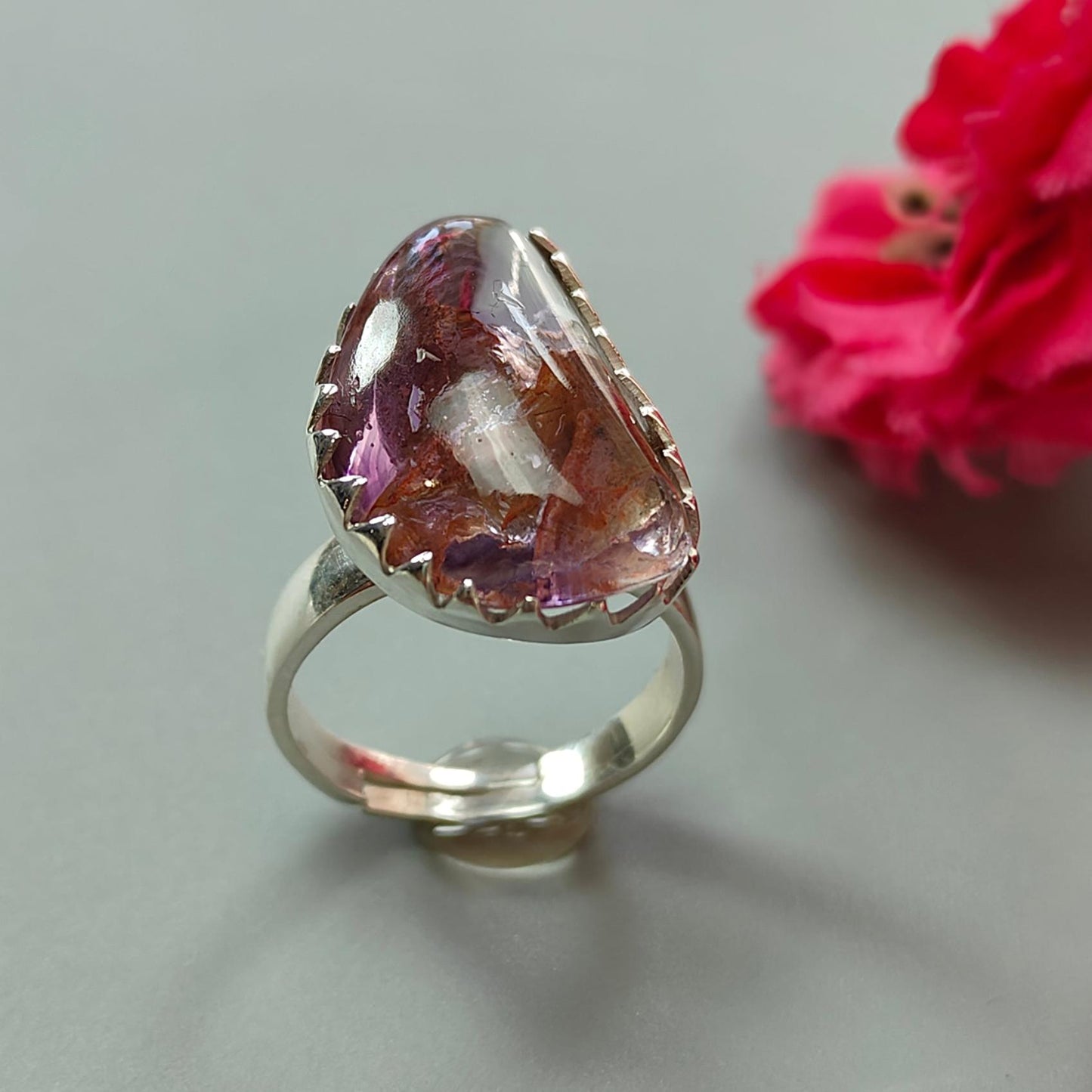 Amethyst Plain Silver Ring: 6.46gms Natural Untreated Super Seven Amethyst Fancy Shape Plain 925 Sterling Silver Bezel Set Adjustable Ring