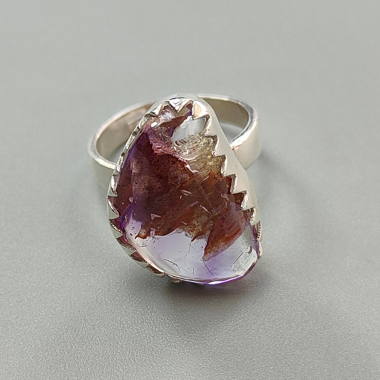 Amethyst Plain Silver Ring: 6.46gms Natural Untreated Super Seven Amethyst Fancy Shape Plain 925 Sterling Silver Bezel Set Adjustable Ring