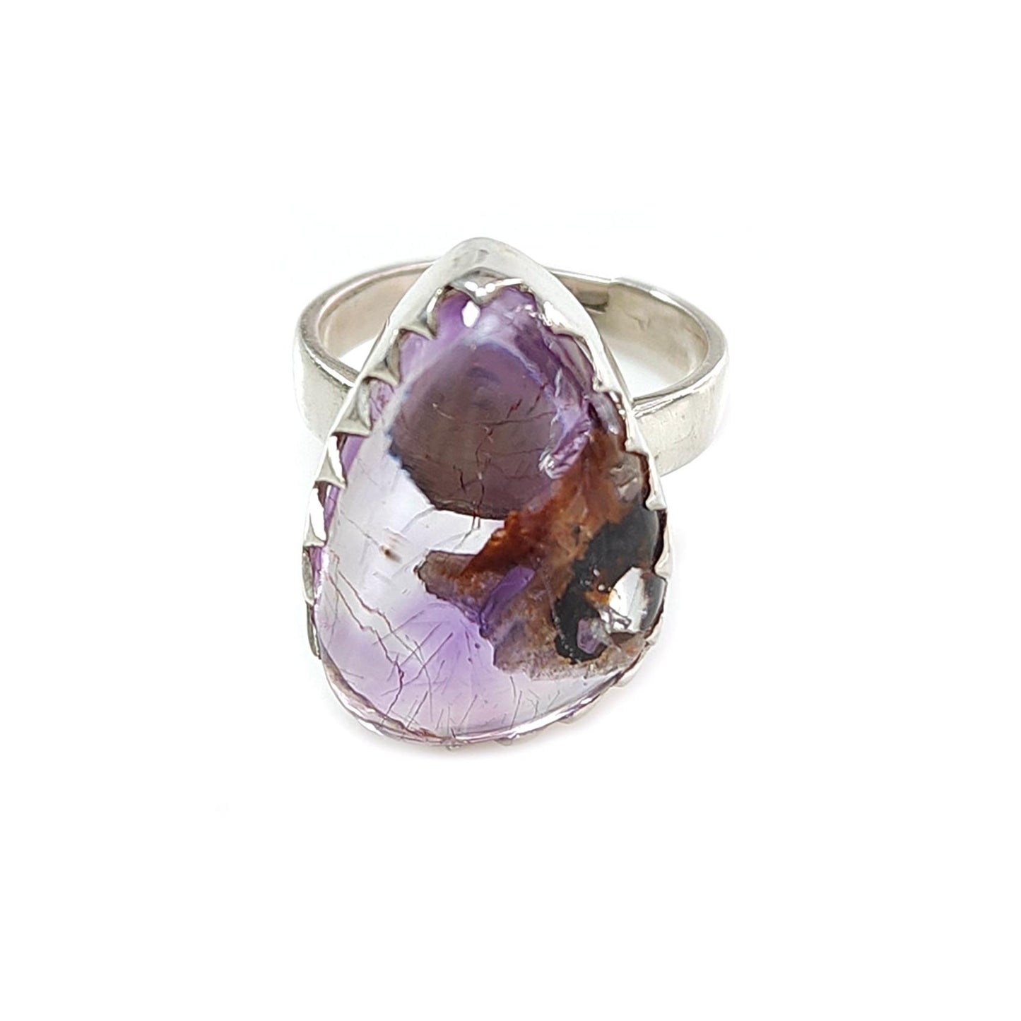 Amethyst Plain Silver Ring: 7.87gms Natural Untreated Super Seven Amethyst Pear Shape Plain 925 Sterling Silver Bezel Set Adjustable Ring