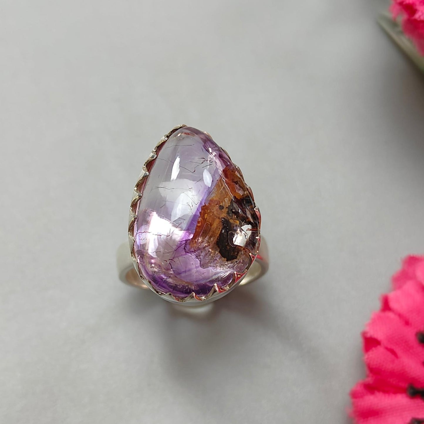 Amethyst Plain Silver Ring: 7.87gms Natural Untreated Super Seven Amethyst Pear Shape Plain 925 Sterling Silver Bezel Set Adjustable Ring