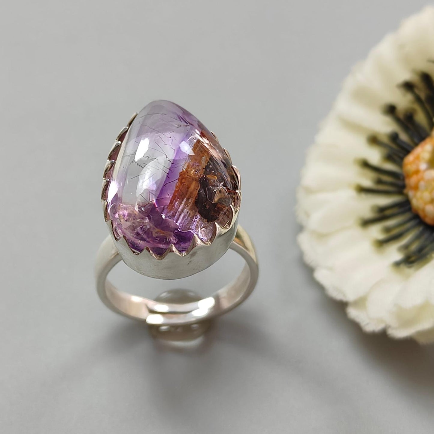 Amethyst Plain Silver Ring: 7.87gms Natural Untreated Super Seven Amethyst Pear Shape Plain 925 Sterling Silver Bezel Set Adjustable Ring