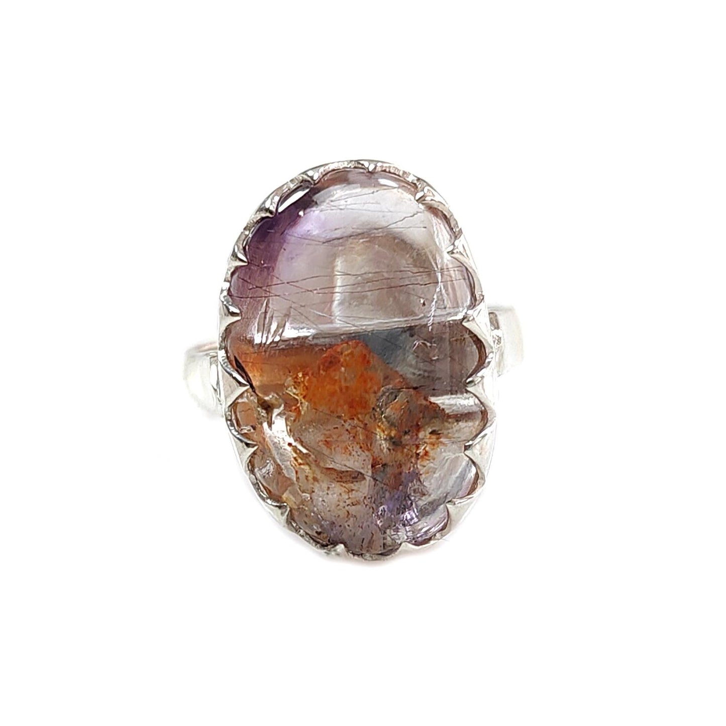 Amethyst Plain Silver Ring: 7.90gms Natural Untreated Super Seven Amethyst Oval Shape Plain 925 Sterling Silver Bezel Set Adjustable Ring