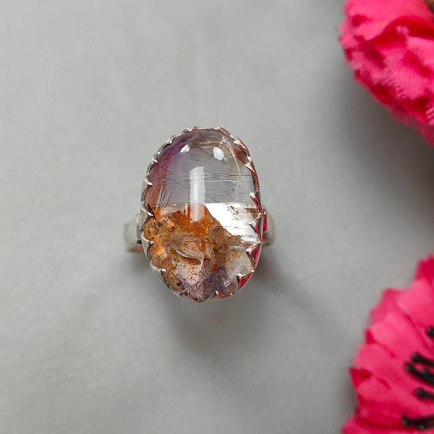 Amethyst Plain Silver Ring: 7.90gms Natural Untreated Super Seven Amethyst Oval Shape Plain 925 Sterling Silver Bezel Set Adjustable Ring