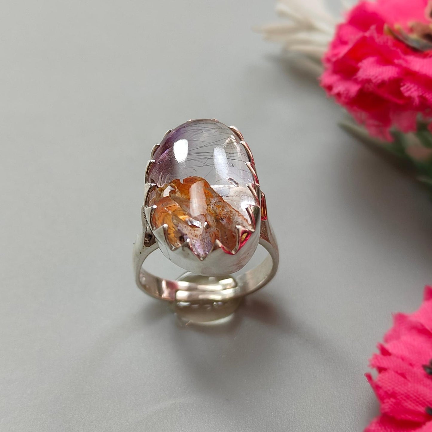 Amethyst Plain Silver Ring: 7.90gms Natural Untreated Super Seven Amethyst Oval Shape Plain 925 Sterling Silver Bezel Set Adjustable Ring