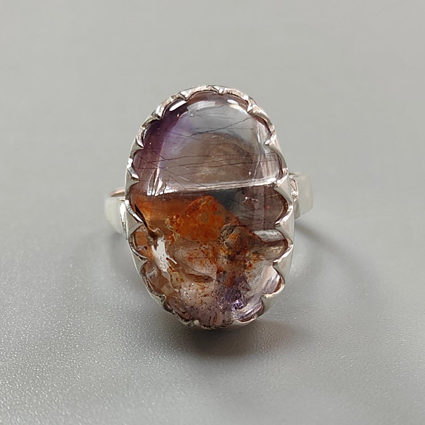 Amethyst Plain Silver Ring: 7.90gms Natural Untreated Super Seven Amethyst Oval Shape Plain 925 Sterling Silver Bezel Set Adjustable Ring