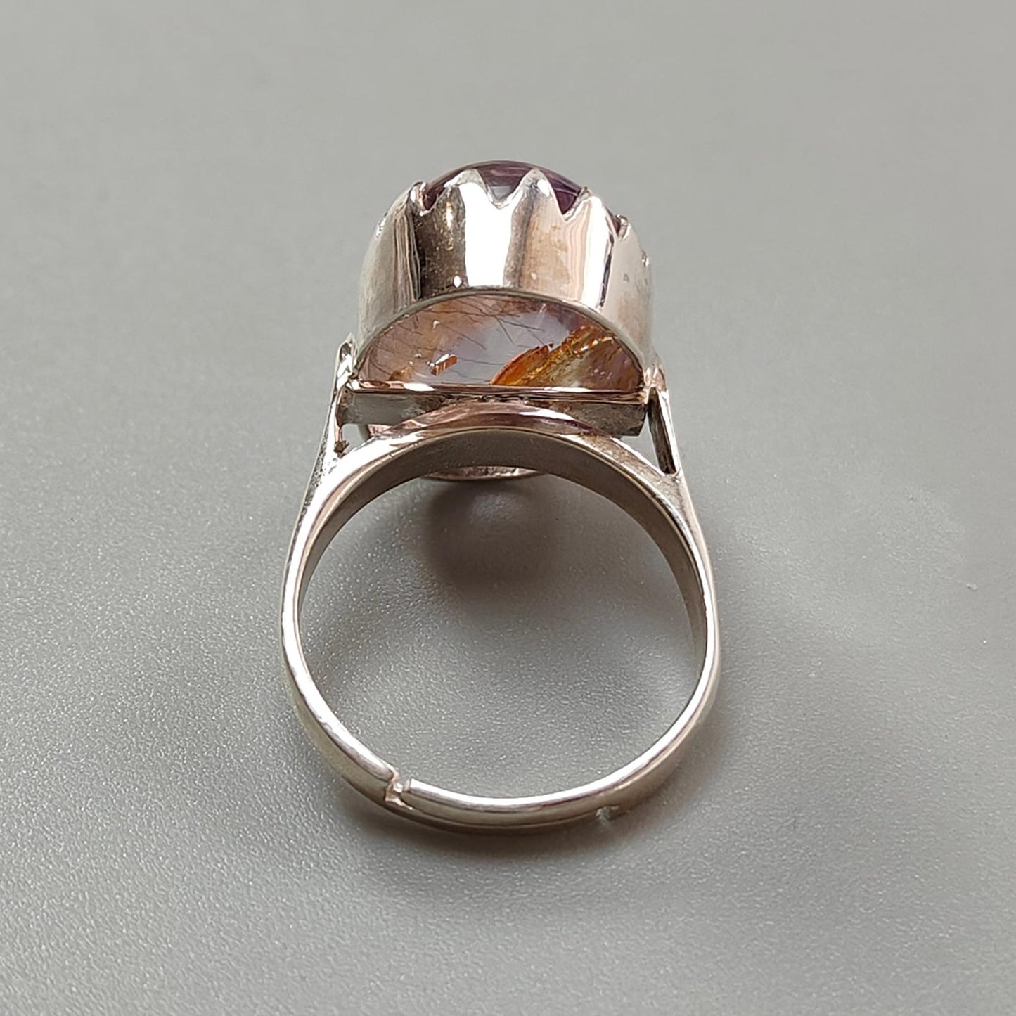 Amethyst Plain Silver Ring: 7.90gms Natural Untreated Super Seven Amethyst Oval Shape Plain 925 Sterling Silver Bezel Set Adjustable Ring