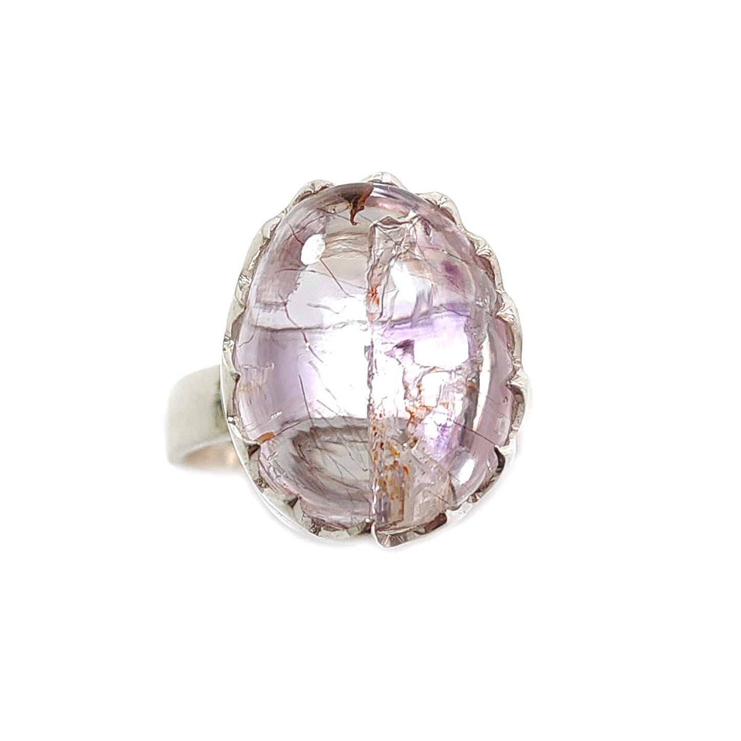 Amethyst Plain Silver Ring: 8.09gms Natural Untreated Super Seven Amethyst Oval Shape Plain 925 Sterling Silver Bezel Set Adjustable Ring