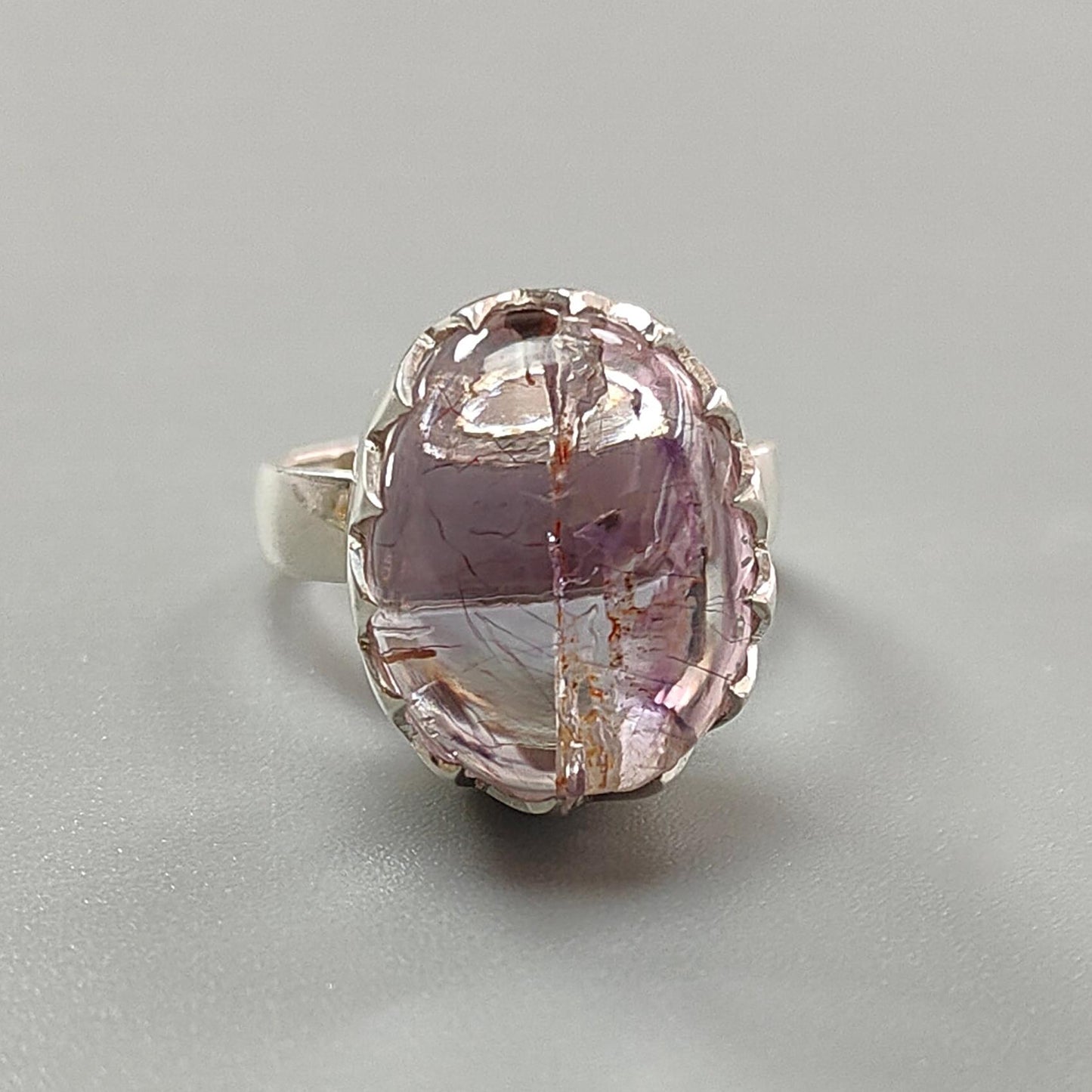Amethyst Plain Silver Ring: 8.09gms Natural Untreated Super Seven Amethyst Oval Shape Plain 925 Sterling Silver Bezel Set Adjustable Ring