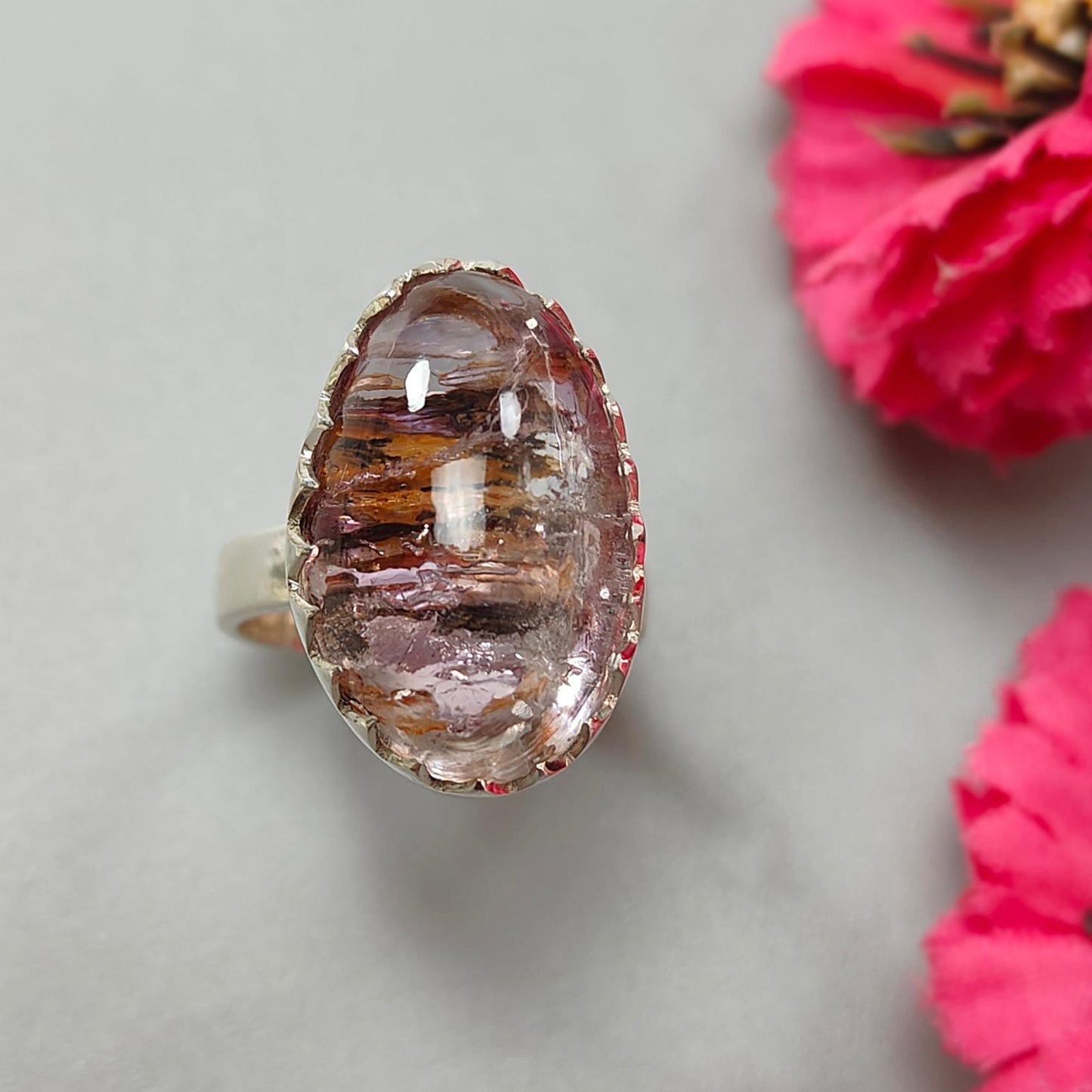 Amethyst Plain Silver Ring: 8.57gms Natural Untreated Super Seven Amethyst Oval Shape Plain 925 Sterling Silver Bezel Set Adjustable Ring