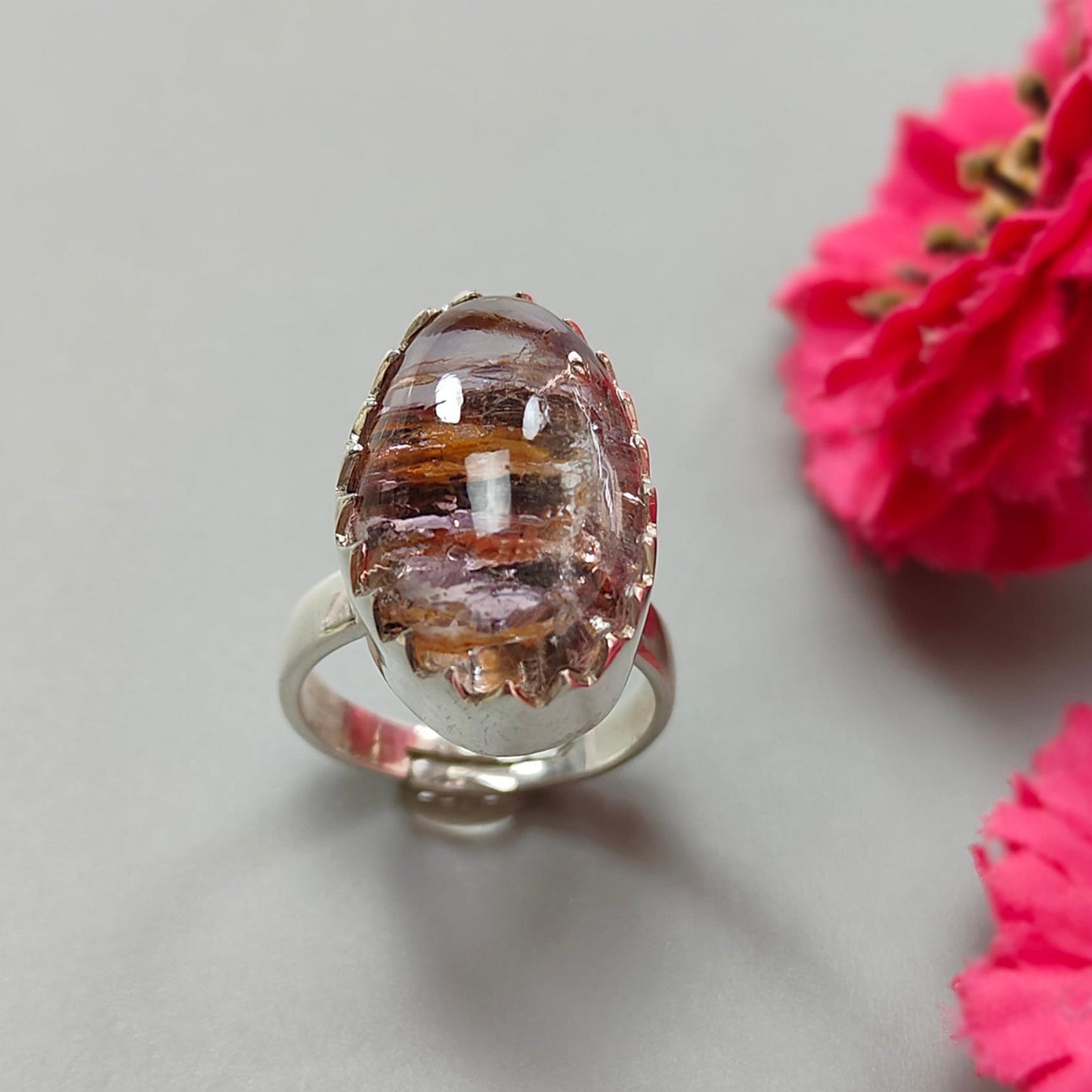 Amethyst Plain Silver Ring: 8.57gms Natural Untreated Super Seven Amethyst Oval Shape Plain 925 Sterling Silver Bezel Set Adjustable Ring