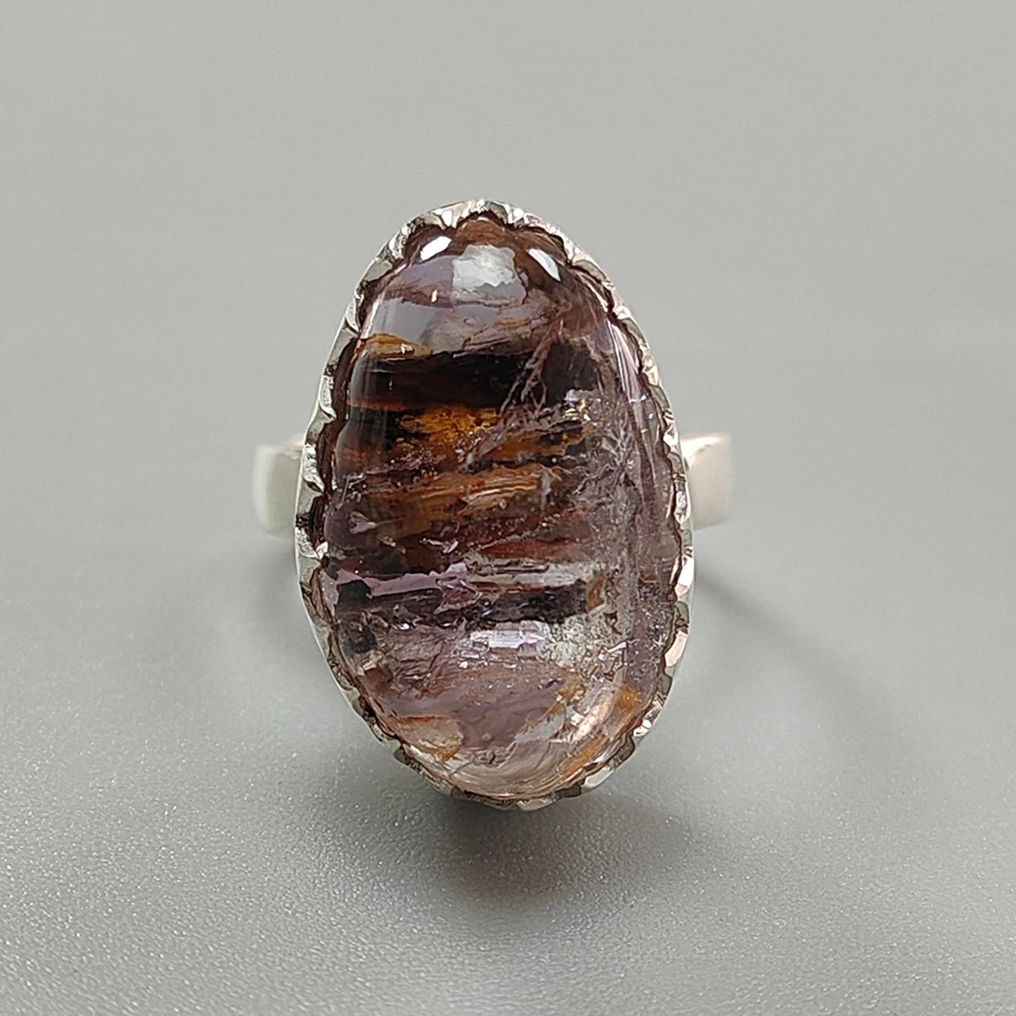 Amethyst Plain Silver Ring: 8.57gms Natural Untreated Super Seven Amethyst Oval Shape Plain 925 Sterling Silver Bezel Set Adjustable Ring