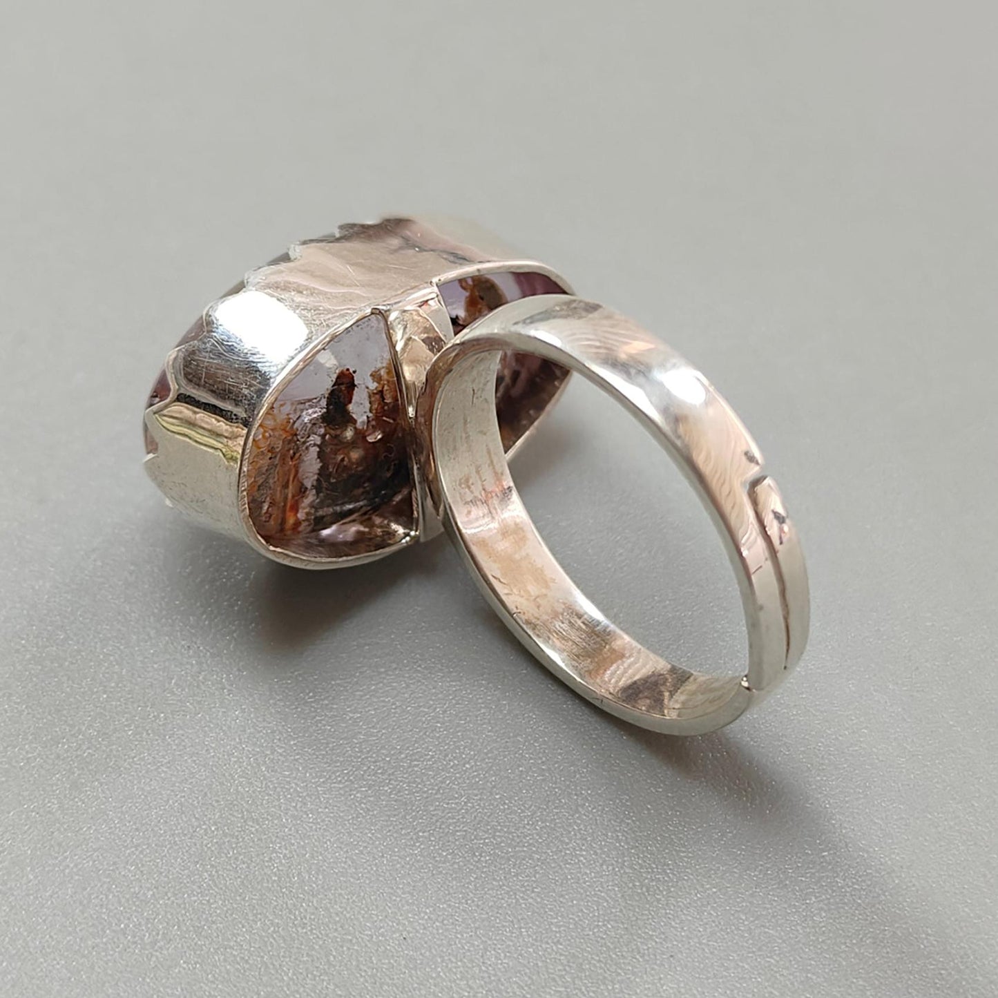 Amethyst Plain Silver Ring: 8.57gms Natural Untreated Super Seven Amethyst Oval Shape Plain 925 Sterling Silver Bezel Set Adjustable Ring