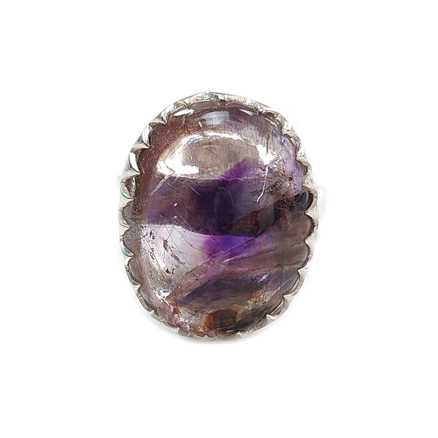 Amethyst Plain Silver Ring: 8.92gms Natural Untreated Super Seven Amethyst Oval Shape Plain 925 Sterling Silver Bezel Set Adjustable Ring