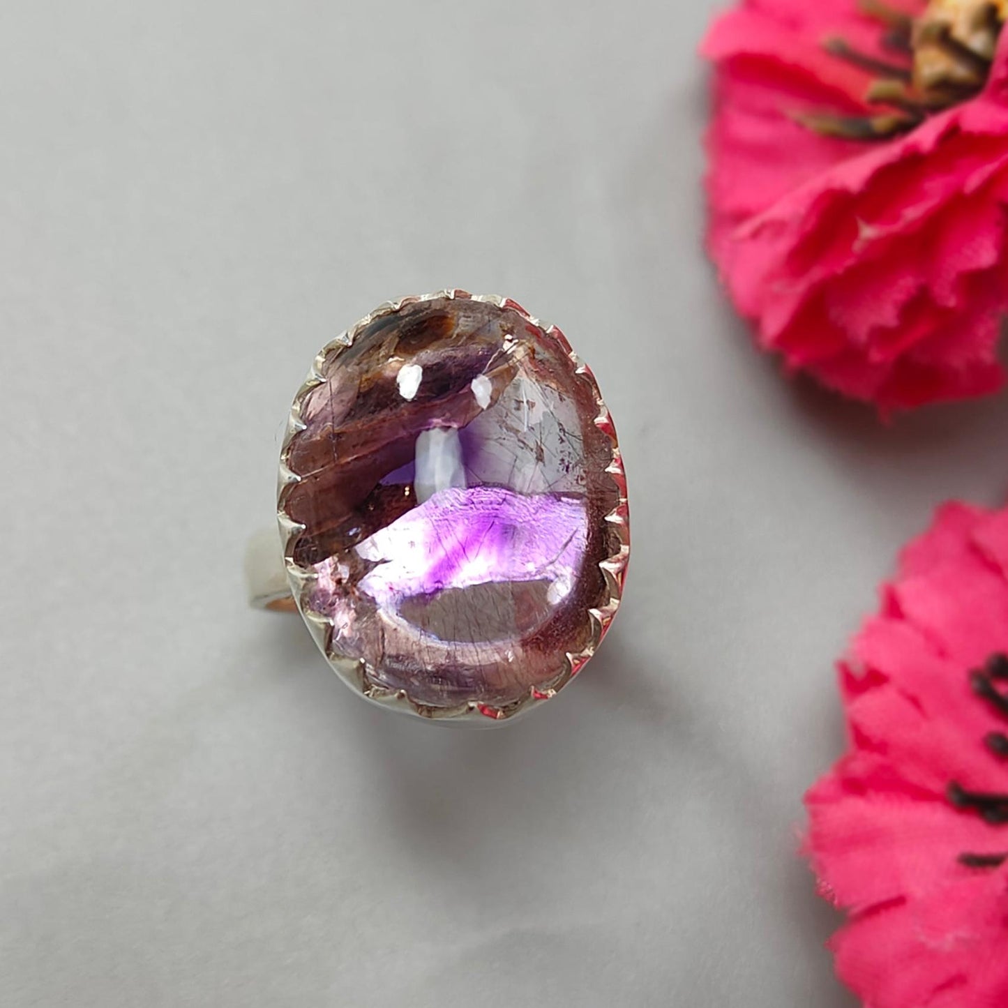 Amethyst Plain Silver Ring: 8.92gms Natural Untreated Super Seven Amethyst Oval Shape Plain 925 Sterling Silver Bezel Set Adjustable Ring