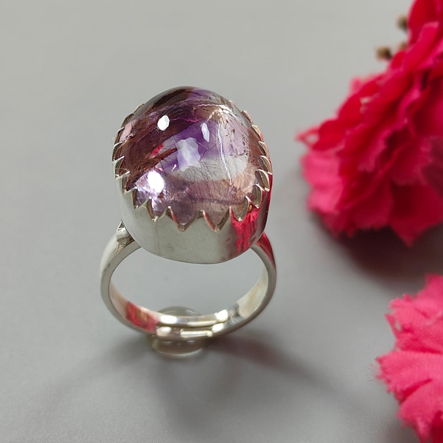 Amethyst Plain Silver Ring: 8.92gms Natural Untreated Super Seven Amethyst Oval Shape Plain 925 Sterling Silver Bezel Set Adjustable Ring