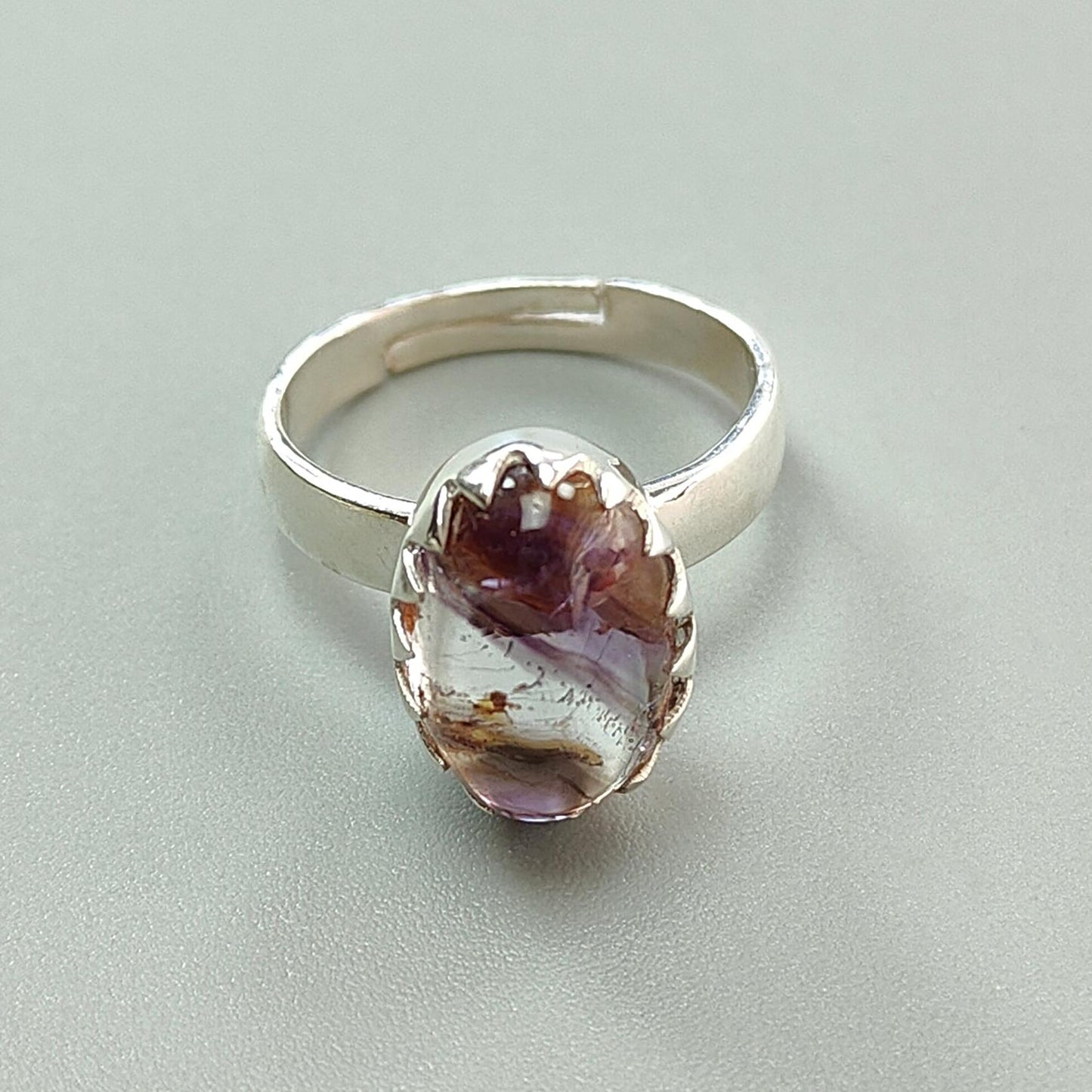 Amethyst Plain Silver Ring: 4.39gms Natural Untreated Super Seven Amethyst Oval Shape Plain 925 Sterling Silver Bezel Set Adjustable Ring
