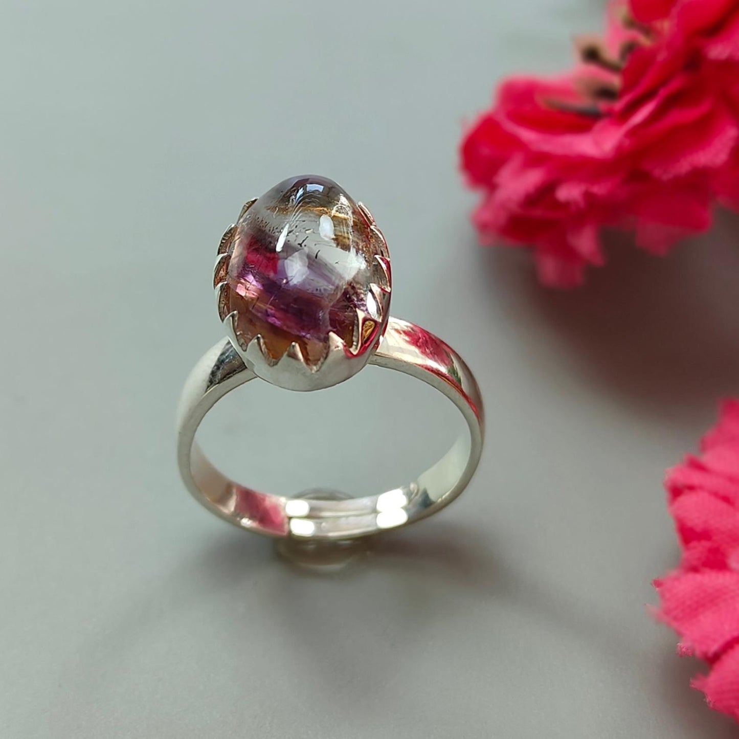 Amethyst Plain Silver Ring: 4.39gms Natural Untreated Super Seven Amethyst Oval Shape Plain 925 Sterling Silver Bezel Set Adjustable Ring