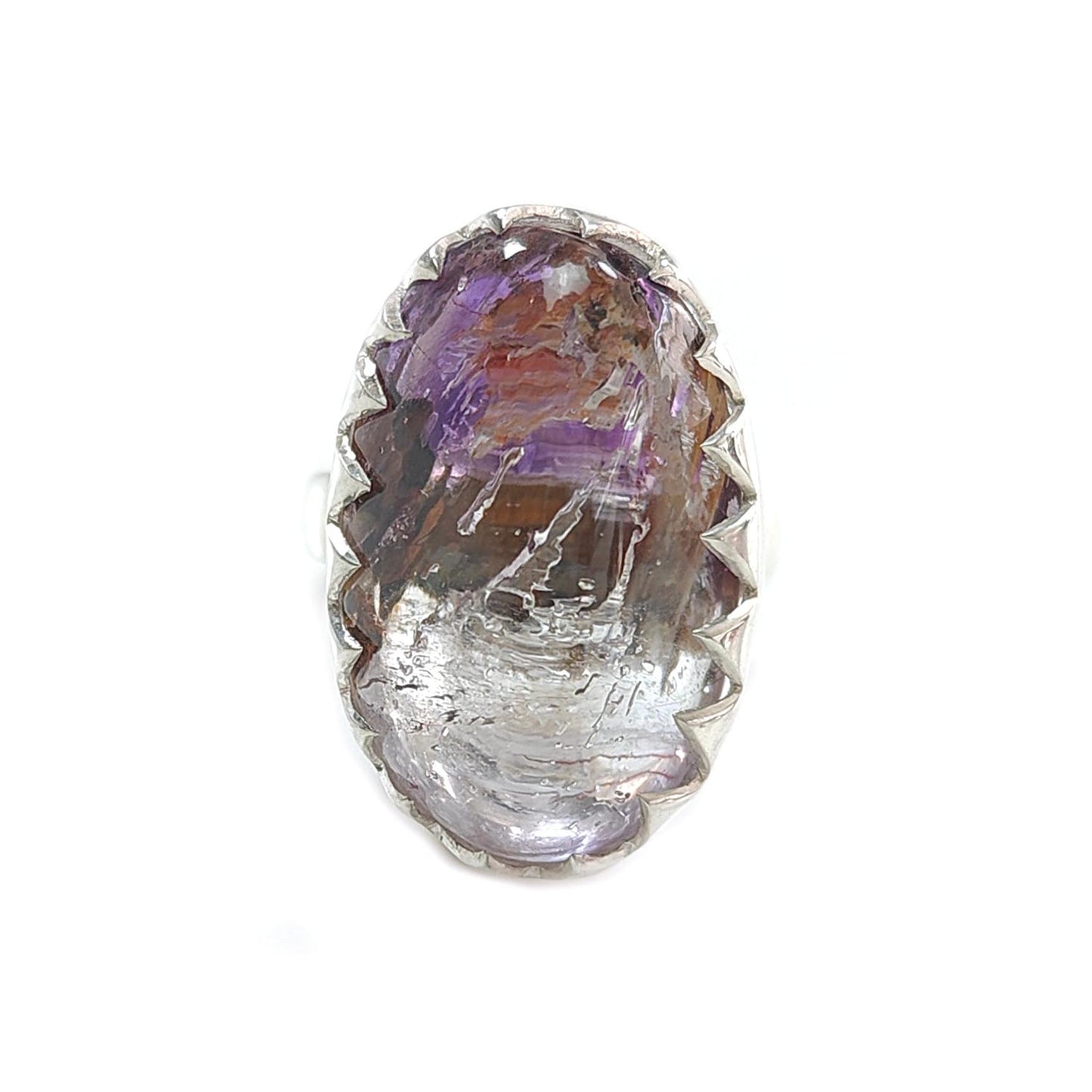 Amethyst Plain Silver Ring: 11.05gms Natural Untreated Super Seven Amethyst Oval Shape Plain 925 Sterling Silver Bezel Set Adjustable Ring
