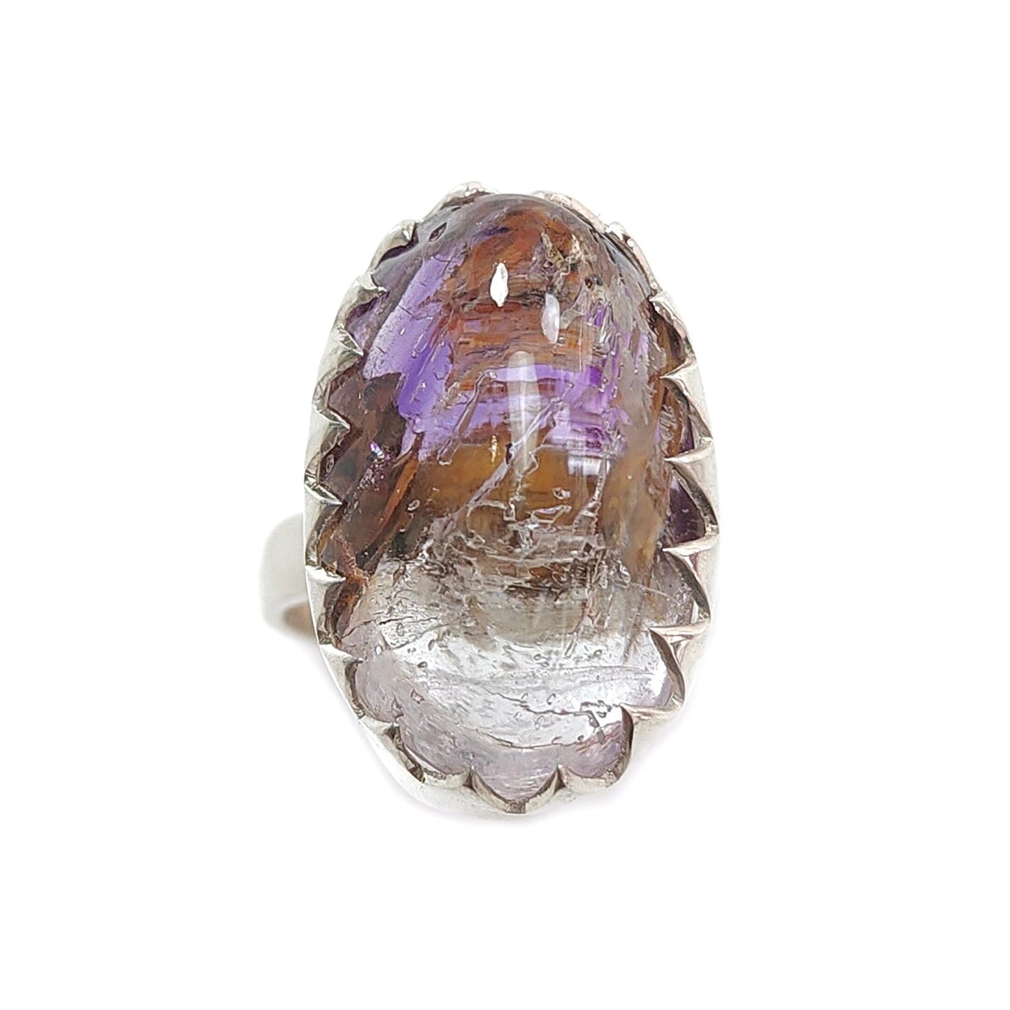 Amethyst Plain Silver Ring: 11.05gms Natural Untreated Super Seven Amethyst Oval Shape Plain 925 Sterling Silver Bezel Set Adjustable Ring