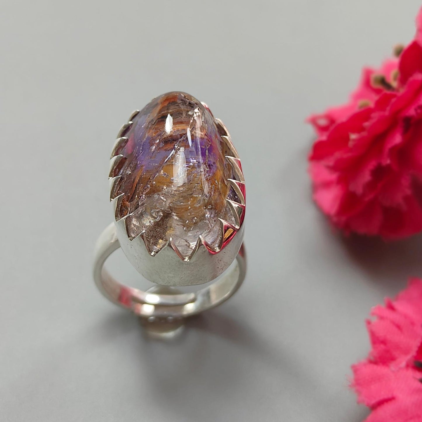 Amethyst Plain Silver Ring: 11.05gms Natural Untreated Super Seven Amethyst Oval Shape Plain 925 Sterling Silver Bezel Set Adjustable Ring