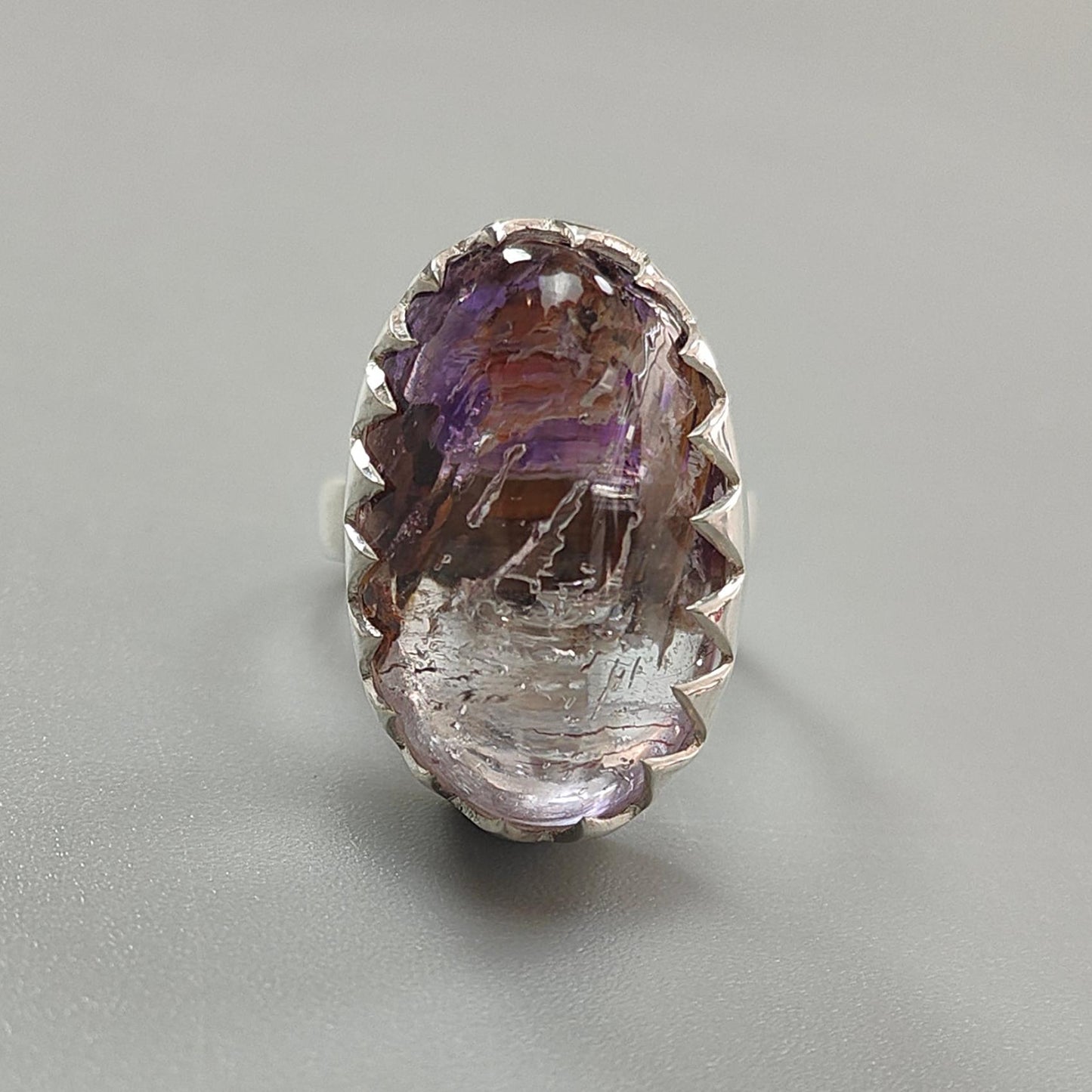 Amethyst Plain Silver Ring: 11.05gms Natural Untreated Super Seven Amethyst Oval Shape Plain 925 Sterling Silver Bezel Set Adjustable Ring