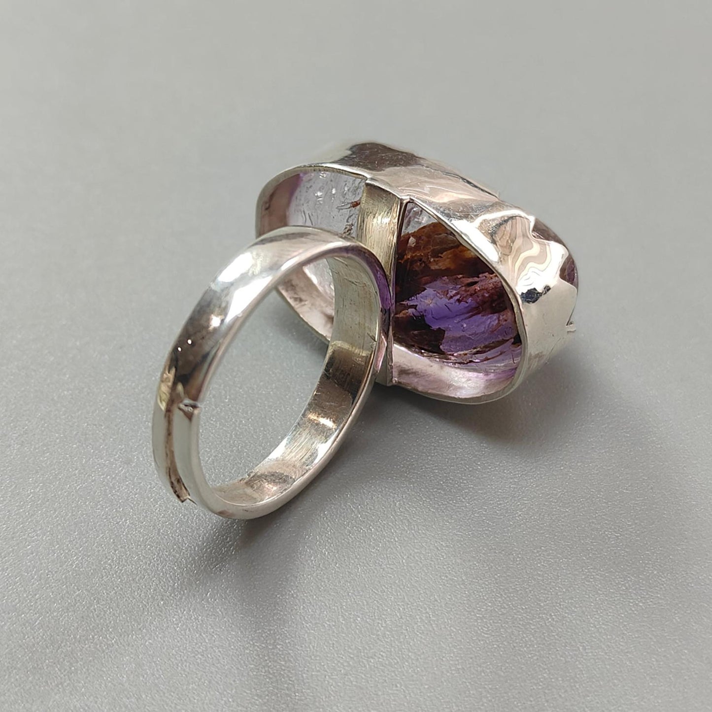Amethyst Plain Silver Ring: 11.05gms Natural Untreated Super Seven Amethyst Oval Shape Plain 925 Sterling Silver Bezel Set Adjustable Ring