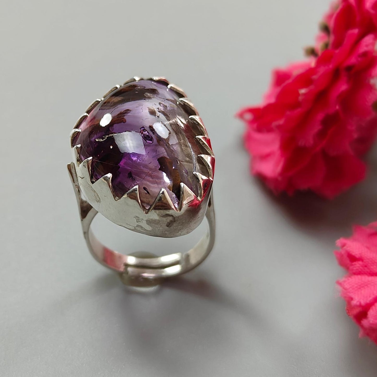 Amethyst Plain Silver Ring: 11.43gms Natural Untreated Super Seven Amethyst Fancy Shape Plain 925 Sterling Silver Bezel Set Adjustable Ring