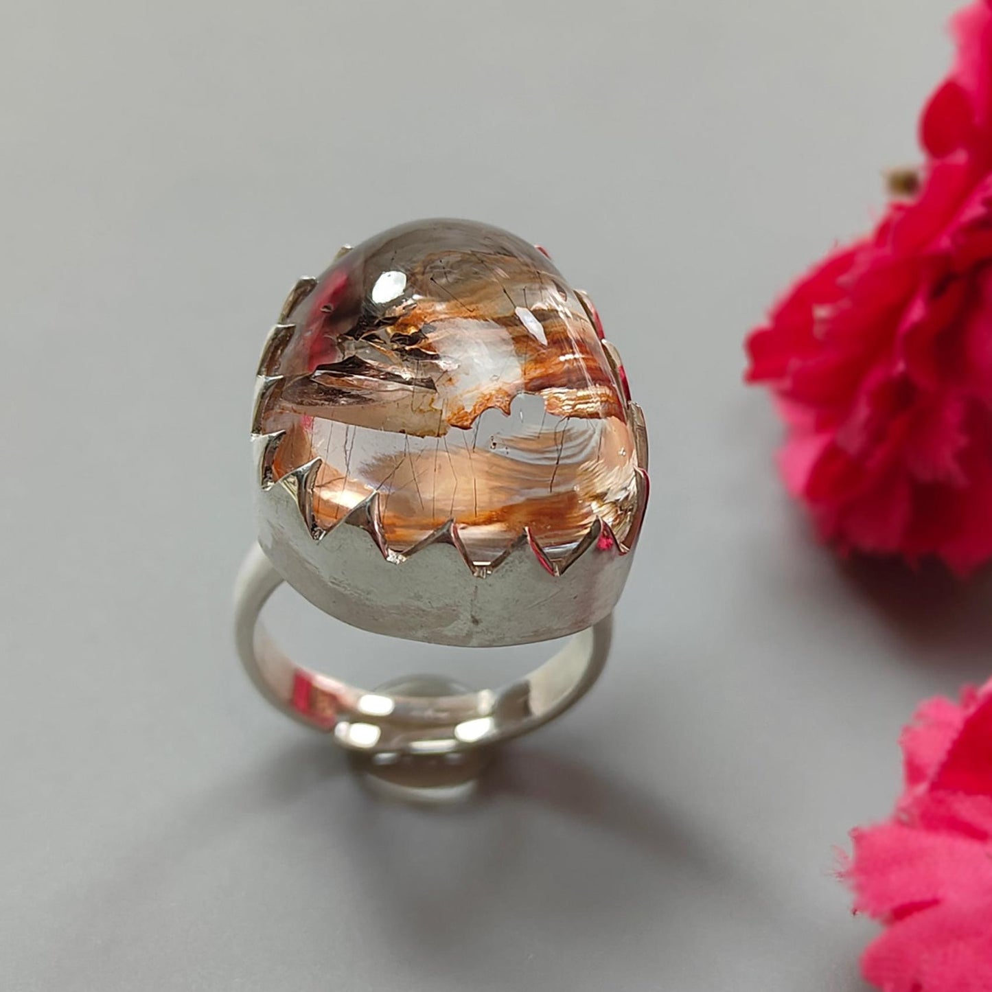 Amethyst Plain Silver Ring: 11.70gms Natural Untreated Super Seven Amethyst Fancy Shape Plain 925 Sterling Silver Bezel Set Adjustable Ring