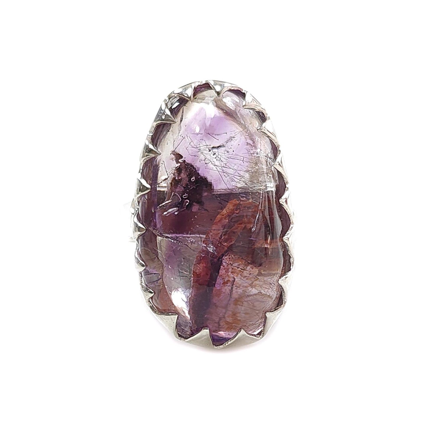 Amethyst Plain Silver Ring: 10.32gms Natural Untreated Super Seven Amethyst Oval Shape Plain 925 Sterling Silver Bezel Set Adjustable Ring