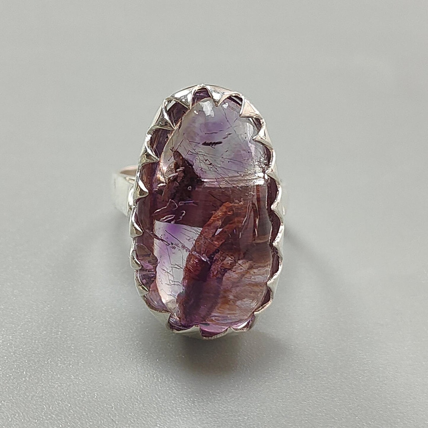 Amethyst Plain Silver Ring: 10.32gms Natural Untreated Super Seven Amethyst Oval Shape Plain 925 Sterling Silver Bezel Set Adjustable Ring