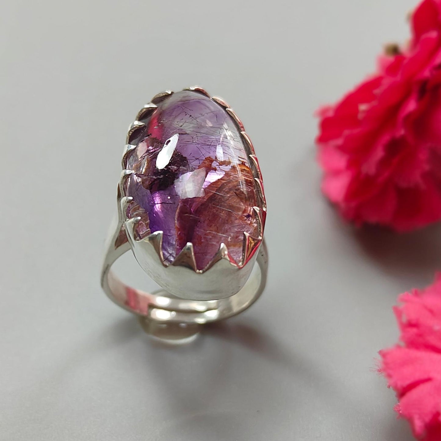 Amethyst Plain Silver Ring: 10.32gms Natural Untreated Super Seven Amethyst Oval Shape Plain 925 Sterling Silver Bezel Set Adjustable Ring
