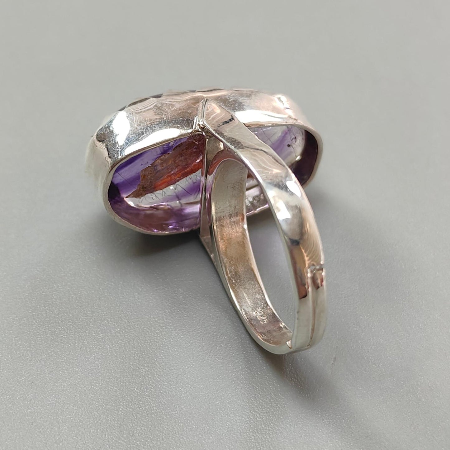 Amethyst Plain Silver Ring: 10.32gms Natural Untreated Super Seven Amethyst Oval Shape Plain 925 Sterling Silver Bezel Set Adjustable Ring