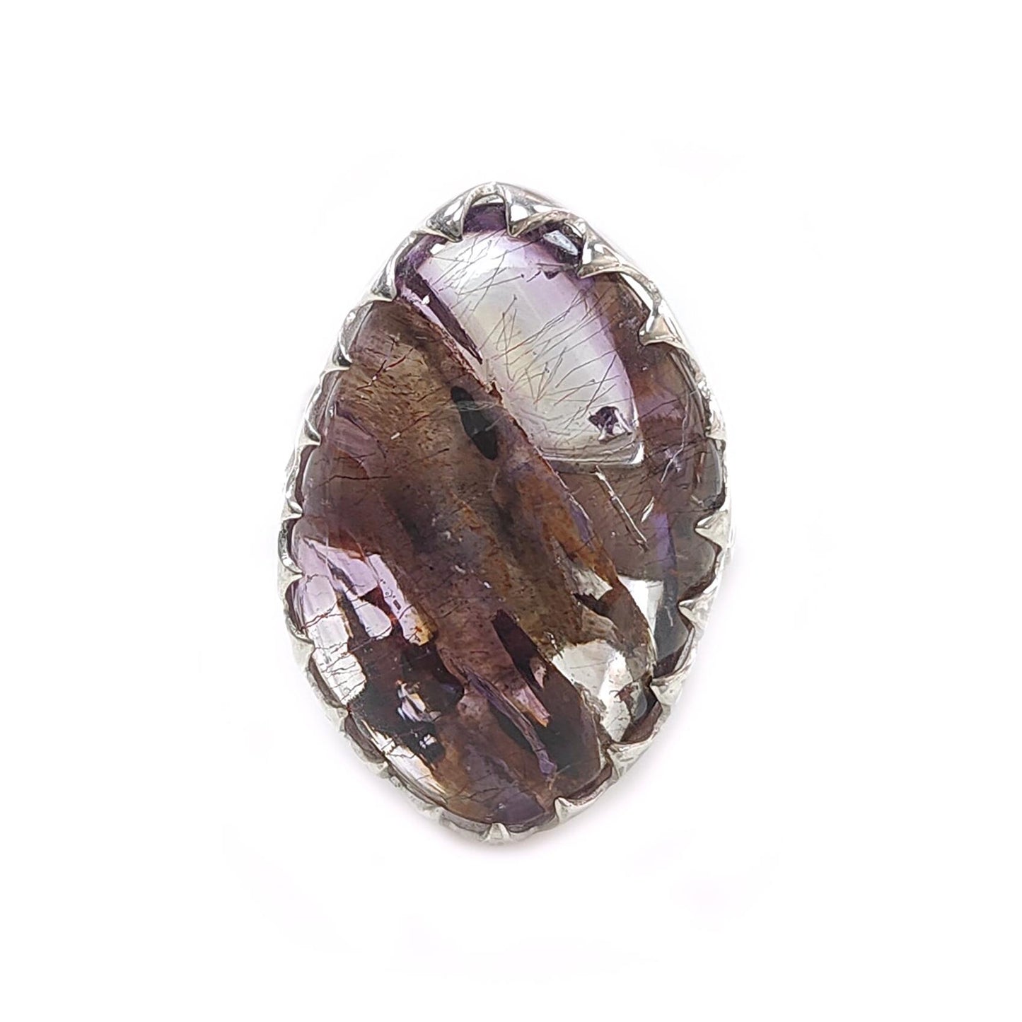Amethyst Plain Silver Ring: 10.46gms Natural Untreated Super Seven Amethyst Fancy Shape Plain 925 Sterling Silver Bezel Set Adjustable Ring