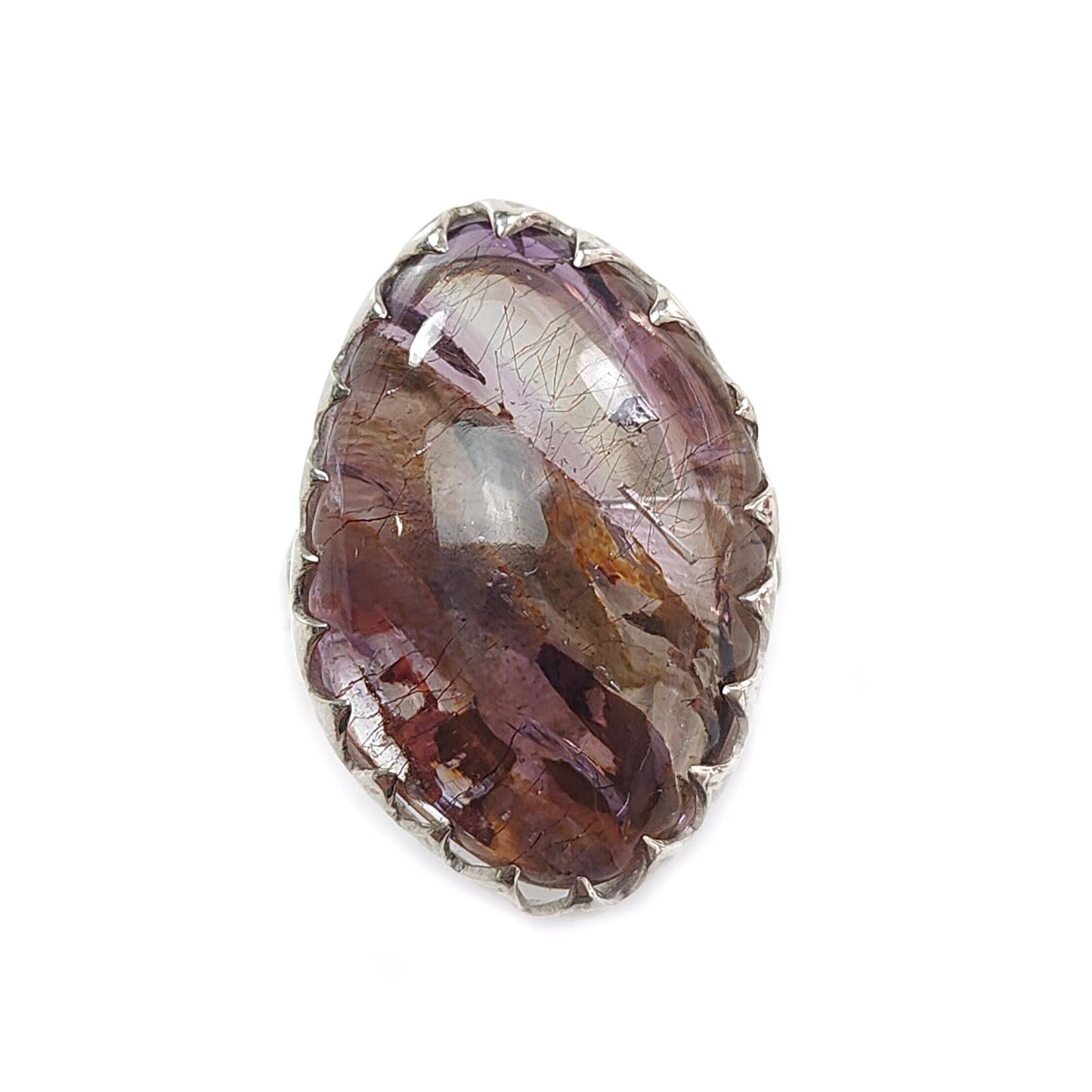 Amethyst Plain Silver Ring: 10.46gms Natural Untreated Super Seven Amethyst Fancy Shape Plain 925 Sterling Silver Bezel Set Adjustable Ring