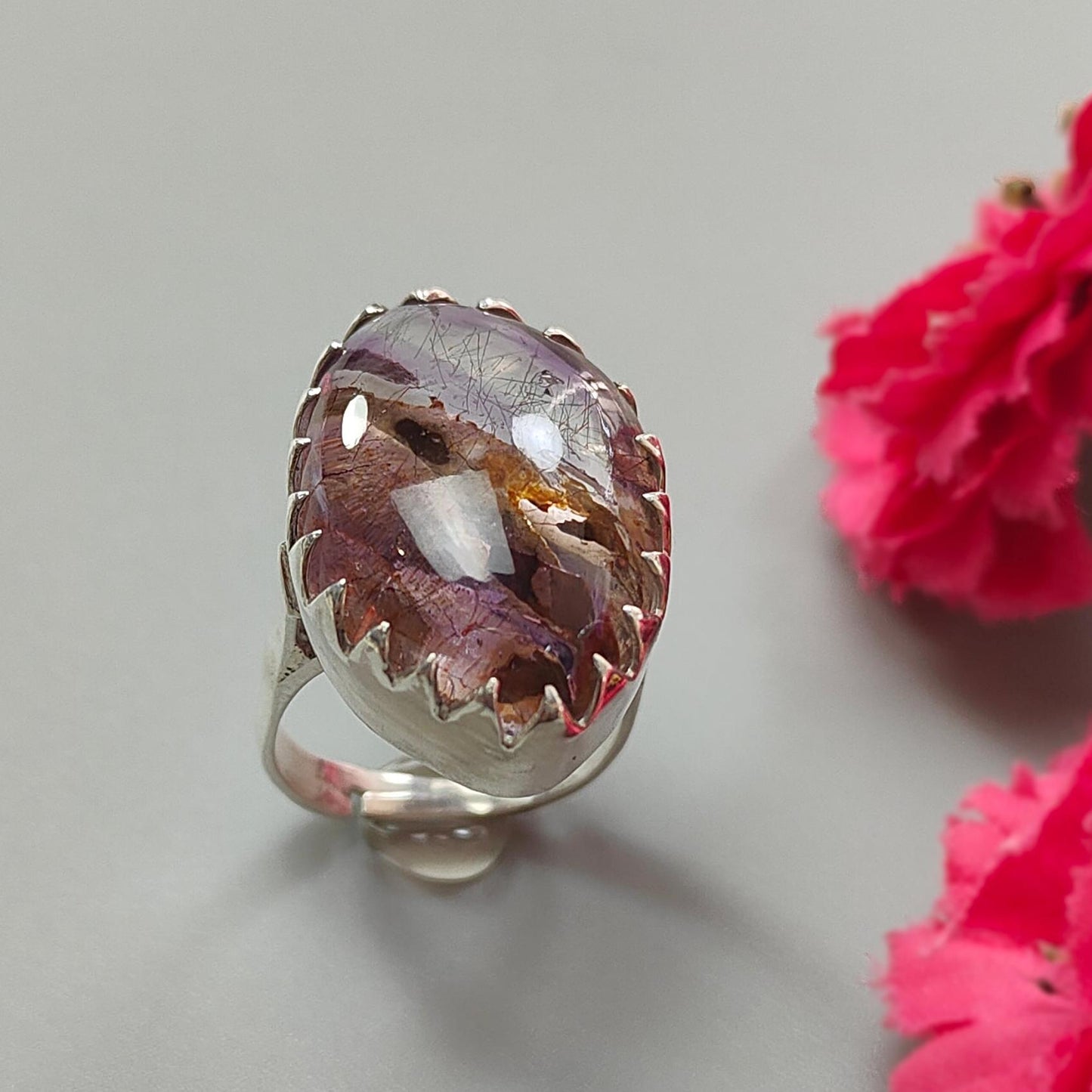 Amethyst Plain Silver Ring: 10.46gms Natural Untreated Super Seven Amethyst Fancy Shape Plain 925 Sterling Silver Bezel Set Adjustable Ring
