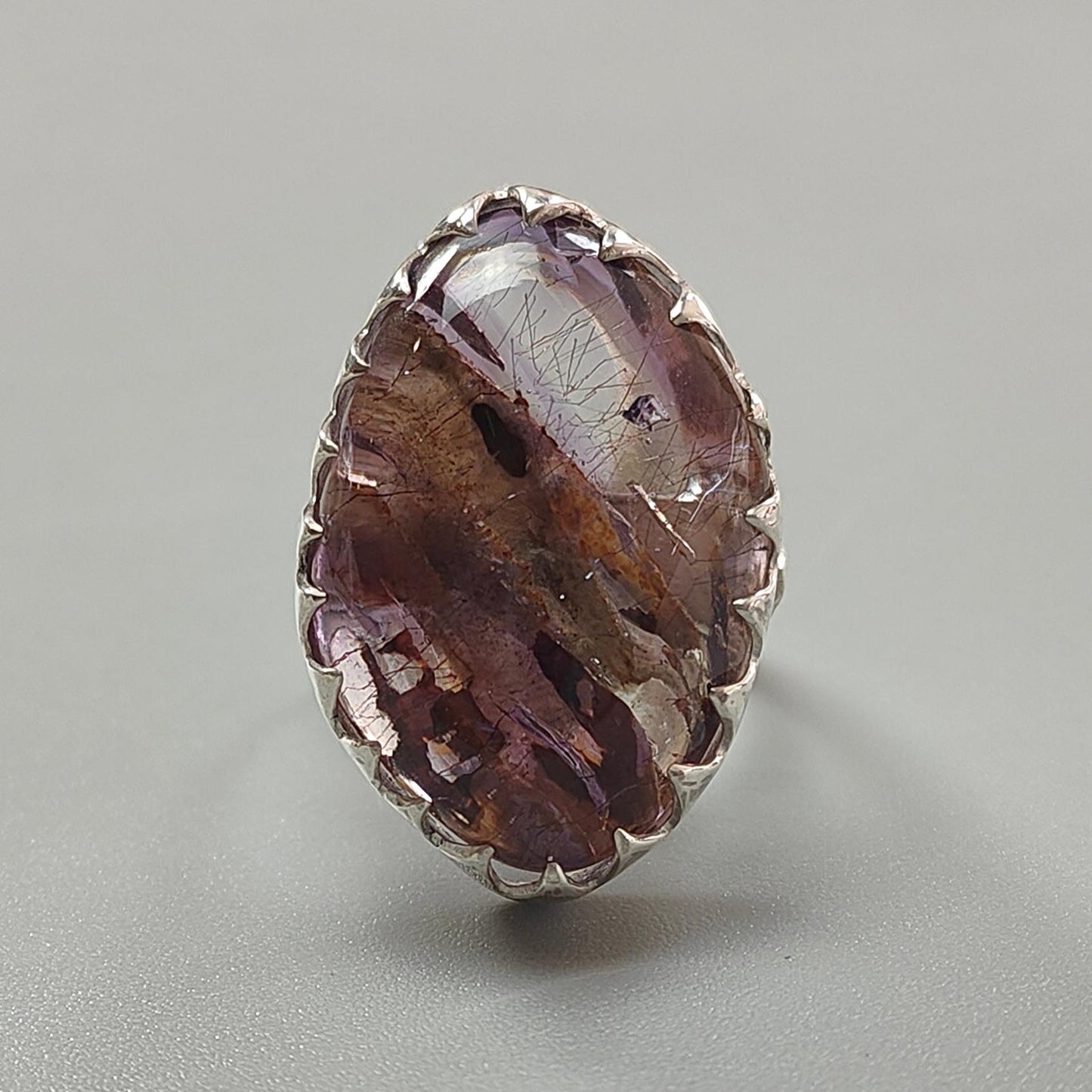 Amethyst Plain Silver Ring: 10.46gms Natural Untreated Super Seven Amethyst Fancy Shape Plain 925 Sterling Silver Bezel Set Adjustable Ring