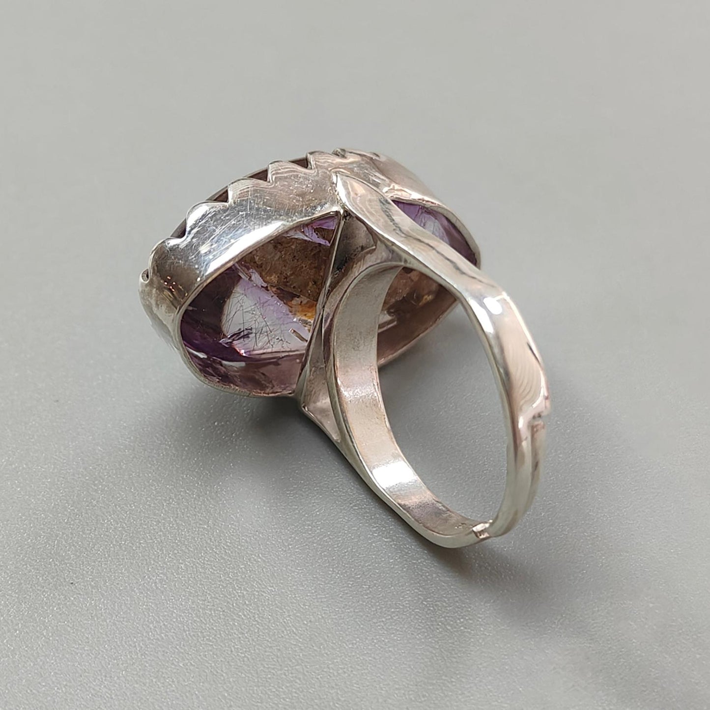 Amethyst Plain Silver Ring: 10.46gms Natural Untreated Super Seven Amethyst Fancy Shape Plain 925 Sterling Silver Bezel Set Adjustable Ring