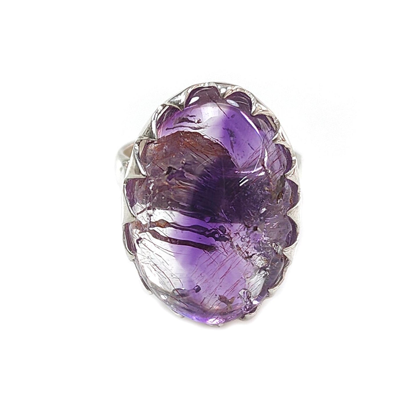 Amethyst Plain Silver Ring: 10.55gms Natural Untreated Super Seven Amethyst Oval Shape Plain 925 Sterling Silver Bezel Set Adjustable Ring