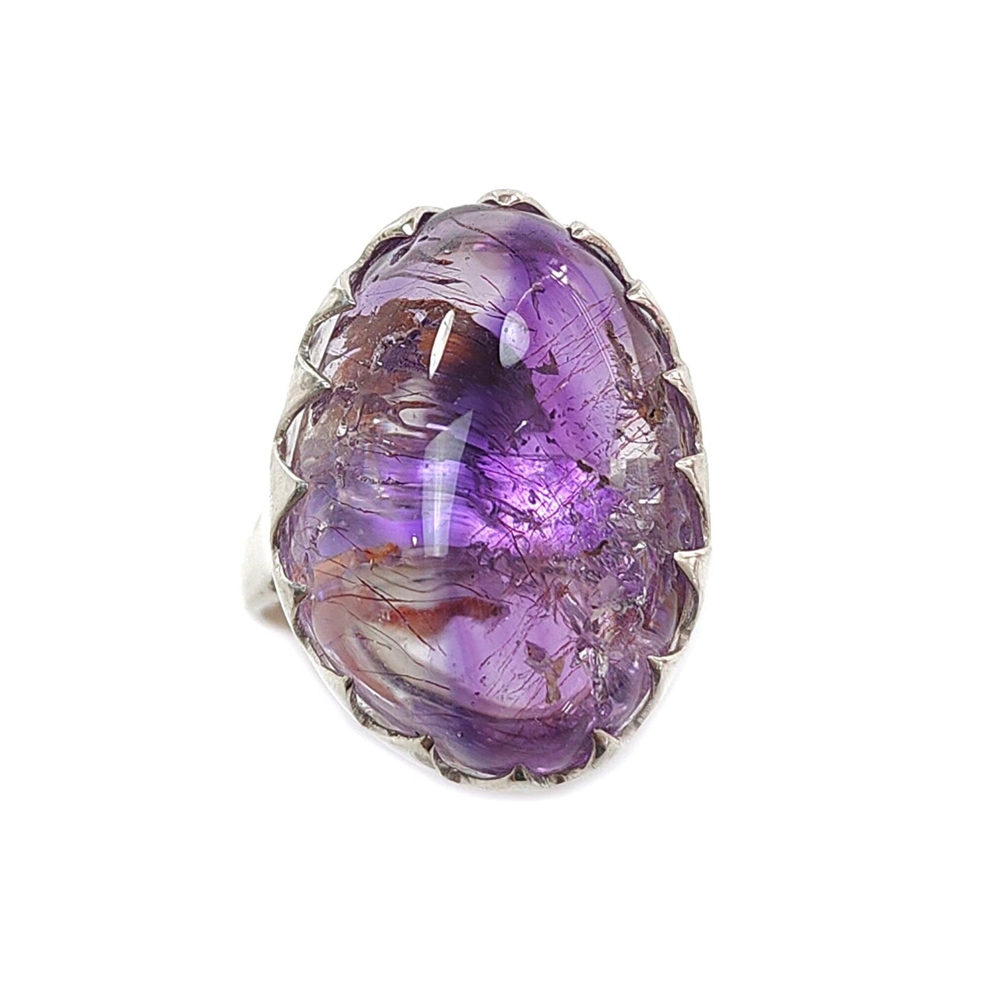 Amethyst Plain Silver Ring: 10.55gms Natural Untreated Super Seven Amethyst Oval Shape Plain 925 Sterling Silver Bezel Set Adjustable Ring
