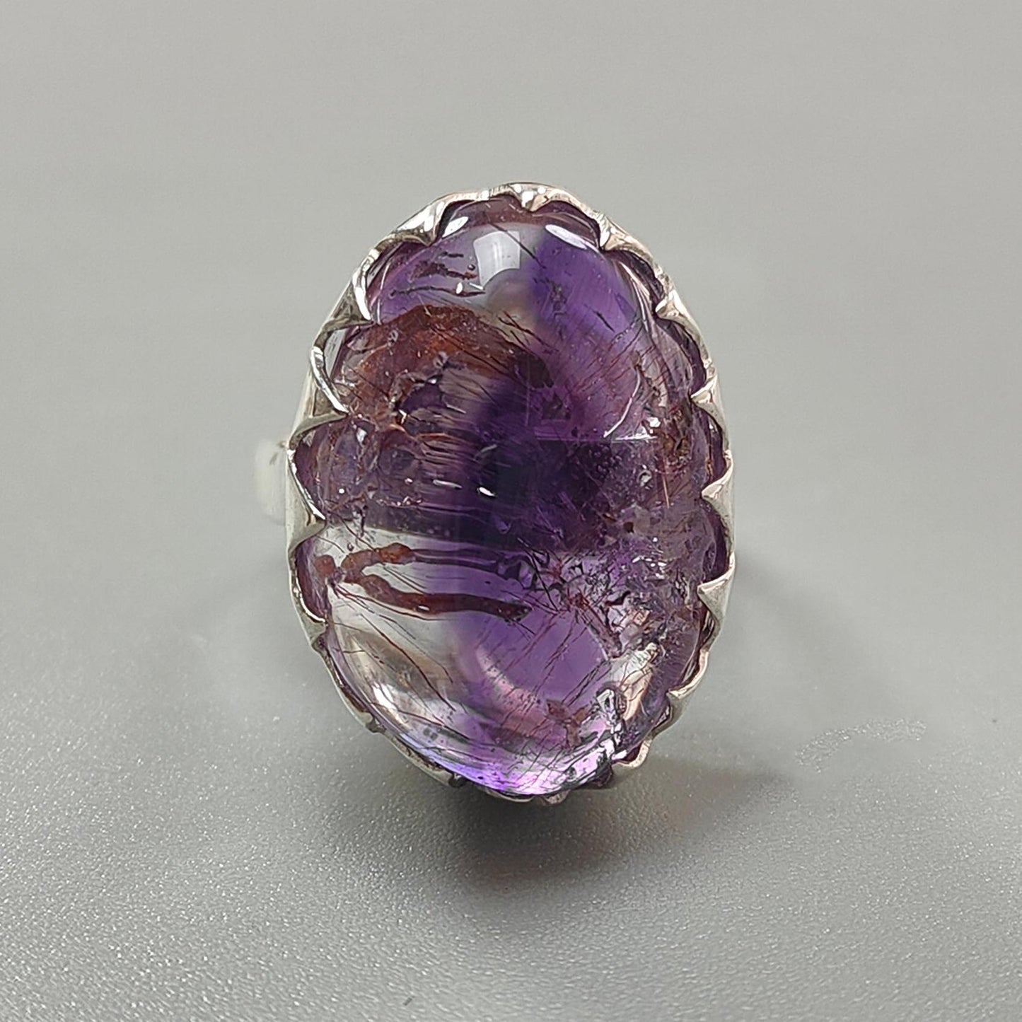 Amethyst Plain Silver Ring: 10.55gms Natural Untreated Super Seven Amethyst Oval Shape Plain 925 Sterling Silver Bezel Set Adjustable Ring