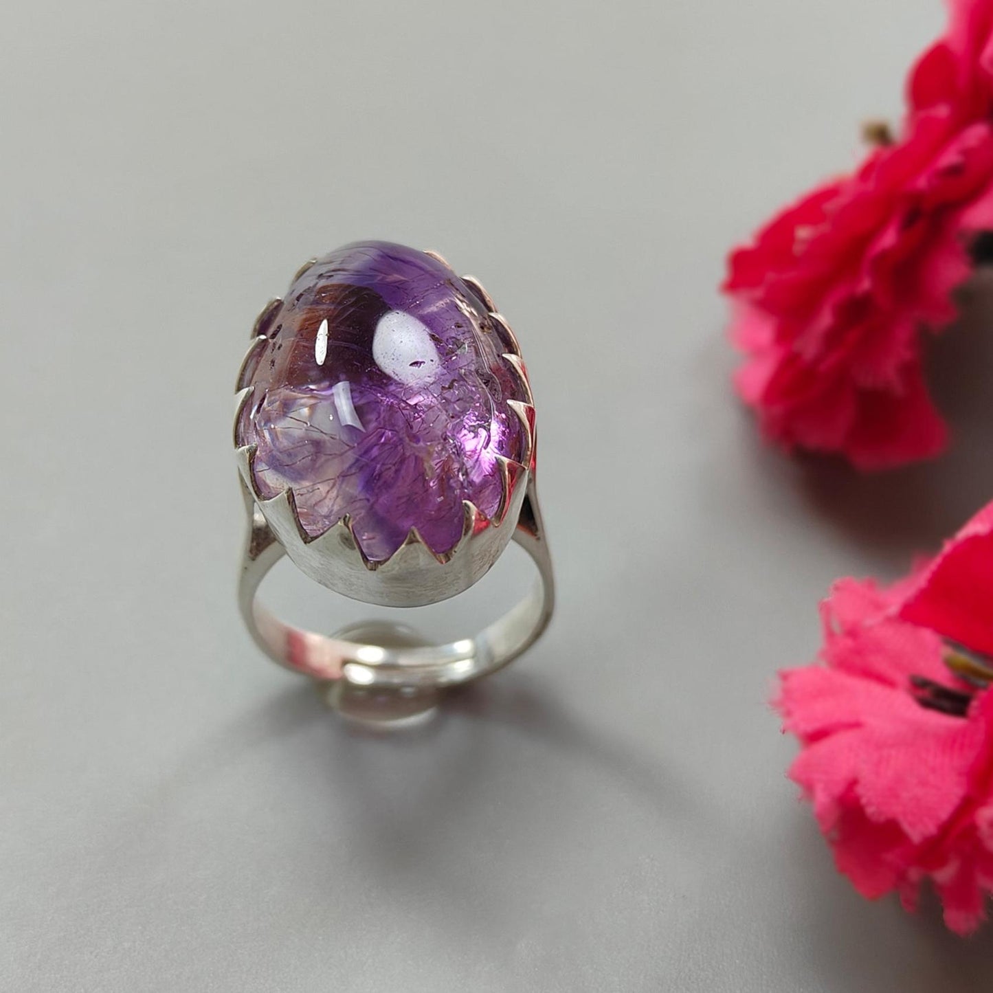 Amethyst Plain Silver Ring: 10.55gms Natural Untreated Super Seven Amethyst Oval Shape Plain 925 Sterling Silver Bezel Set Adjustable Ring