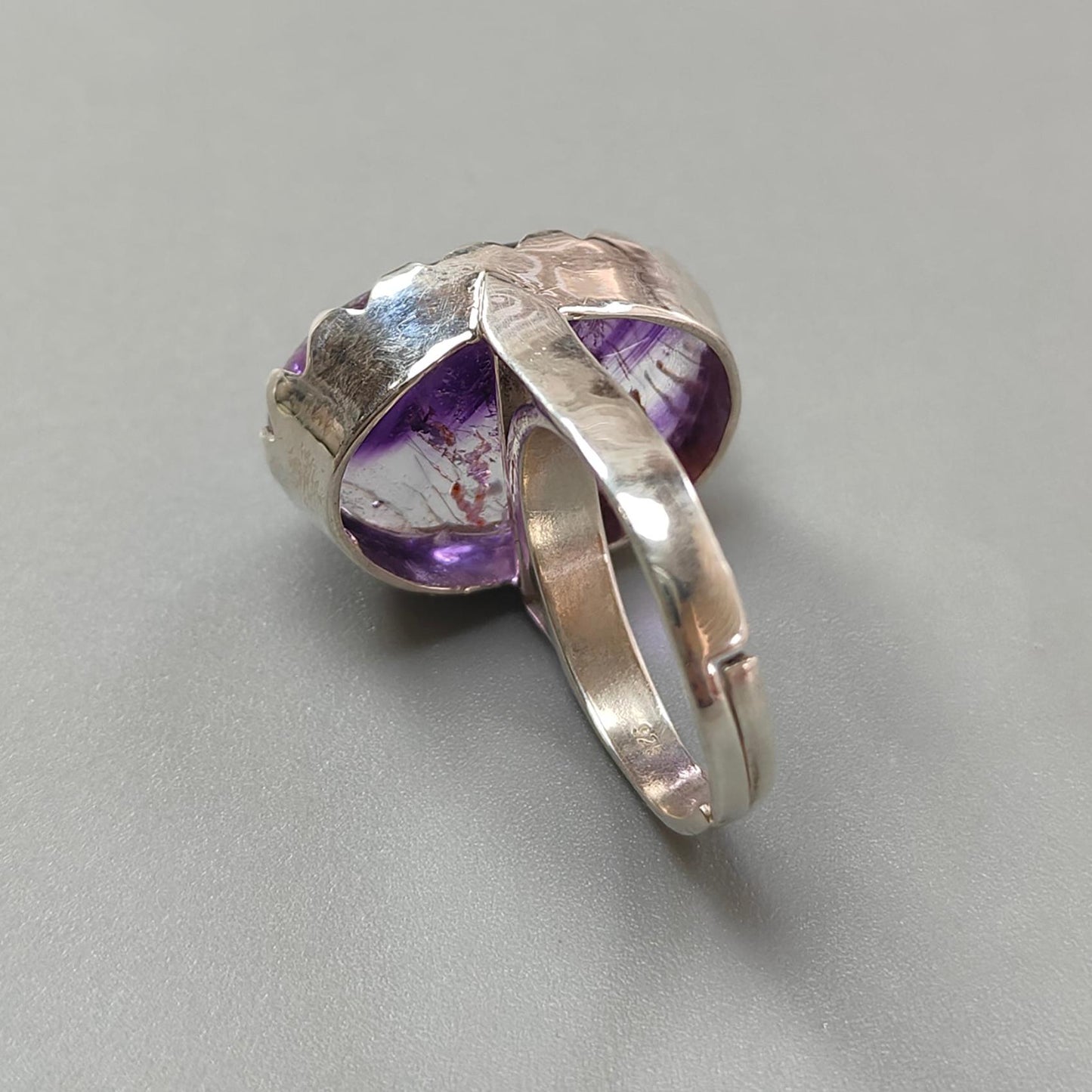 Amethyst Plain Silver Ring: 10.55gms Natural Untreated Super Seven Amethyst Oval Shape Plain 925 Sterling Silver Bezel Set Adjustable Ring
