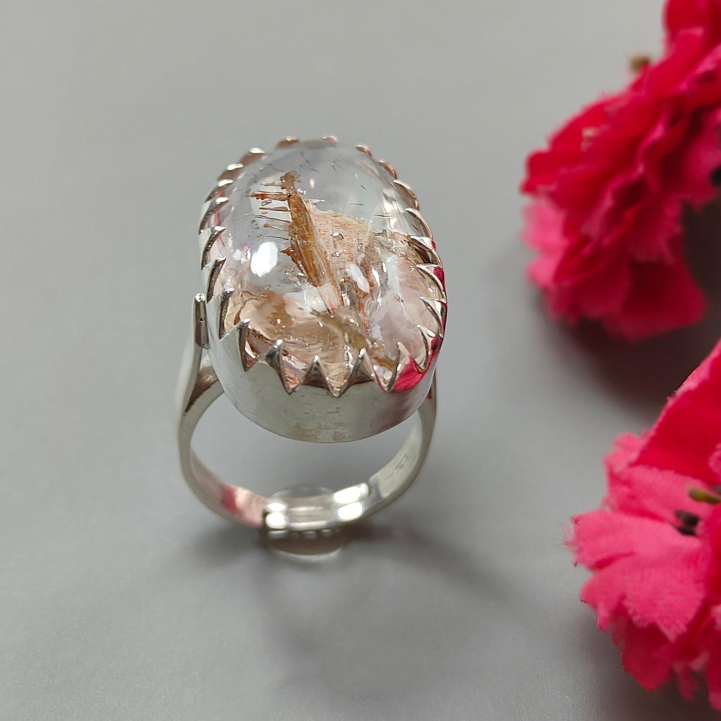 Amethyst Plain Silver Ring: 10.78gms Natural Untreated Super Seven Amethyst Oval Shape Plain 925 Sterling Silver Bezel Set Adjustable Ring